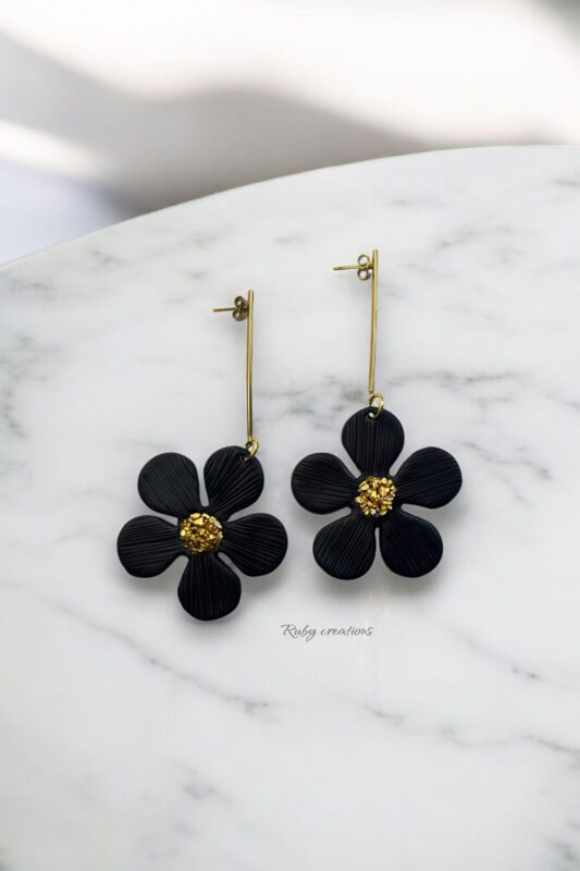 Elegant Black Flower Earrings with Gold Accents Ruby Creations