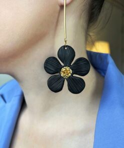 Alternative view of Elegant Black Flower Earrings with Gold Accents