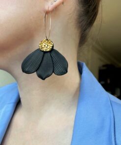 Alternative view of Elegant Black Petal Earrings with Gold Accents
