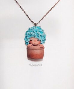 Blue Flowerette in Pot Necklace