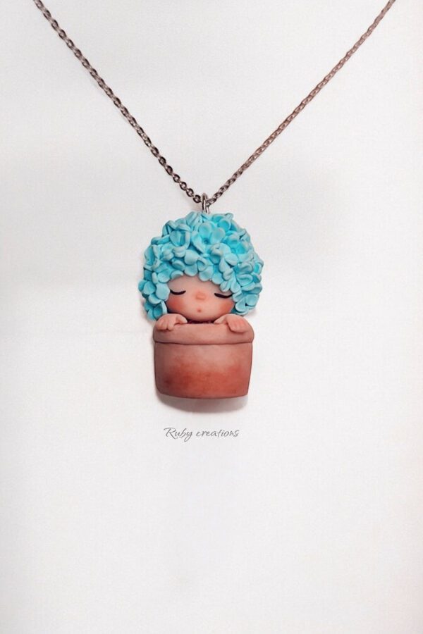 Blue Flowerette in Pot Necklace