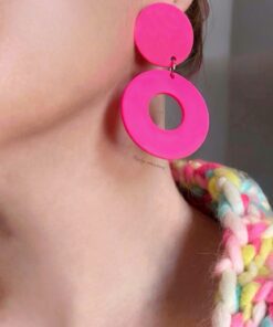 Alternative view of Neon Pink Circle Drop Earrings - Handmade Polymer Clay