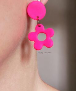 Alternative view of Neon Pink Flower Drop Earrings - Stainless Steel and Polymer Clay