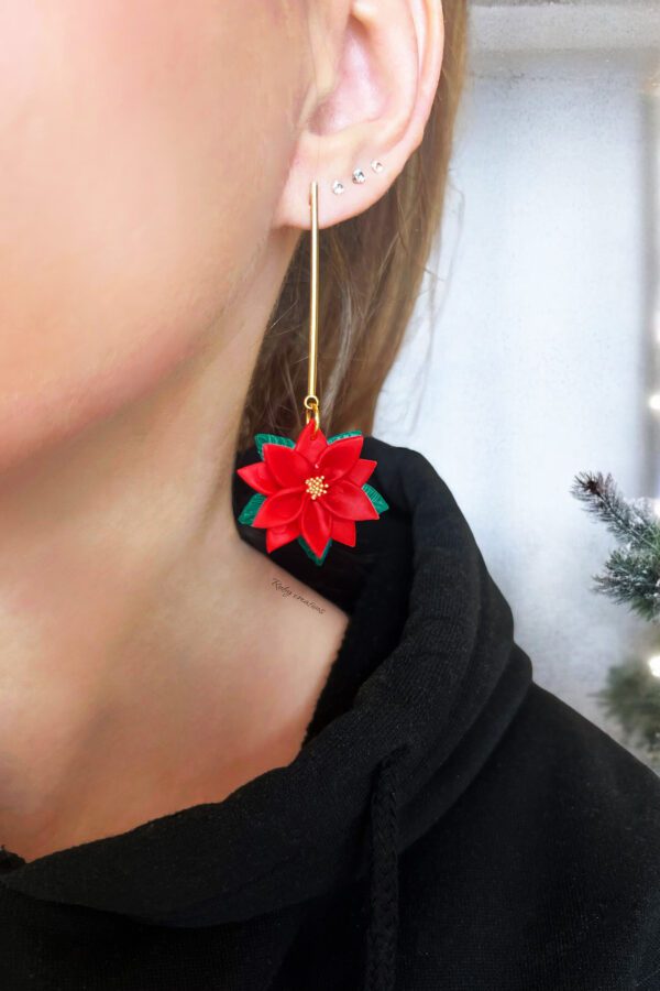 Handmade polymer clay Christmas earrings with intricate poinsettia flower details