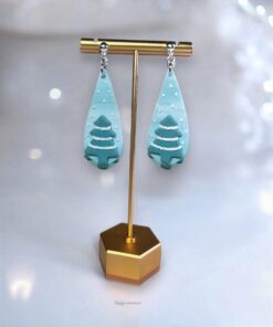 Festive Snowy Christmas Tree Earrings shown with intricate snow details, handmade from polymer clay, and set on hypoallergenic stainless steel.