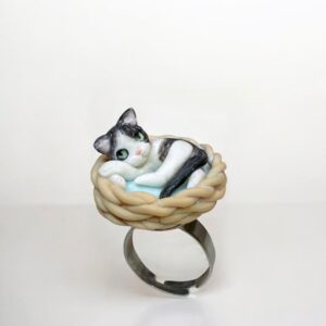 Alternative view of Custom Cat Ring: Handmade Polymer Clay Sleeping Cat in Basket
