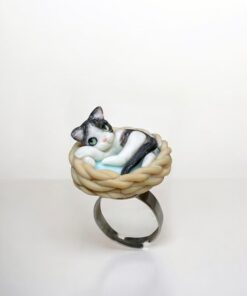 Alternative view of Custom Cat Ring: Handmade Polymer Clay Sleeping Cat in Basket