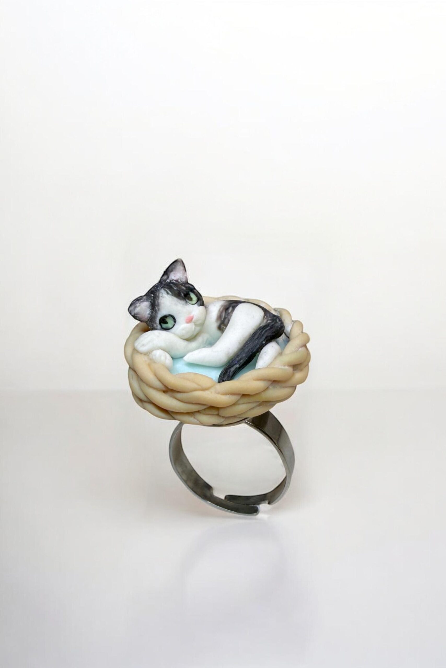 Custom Cat Ring: Handmade Polymer Clay Sleeping Cat in Basket - Image 2