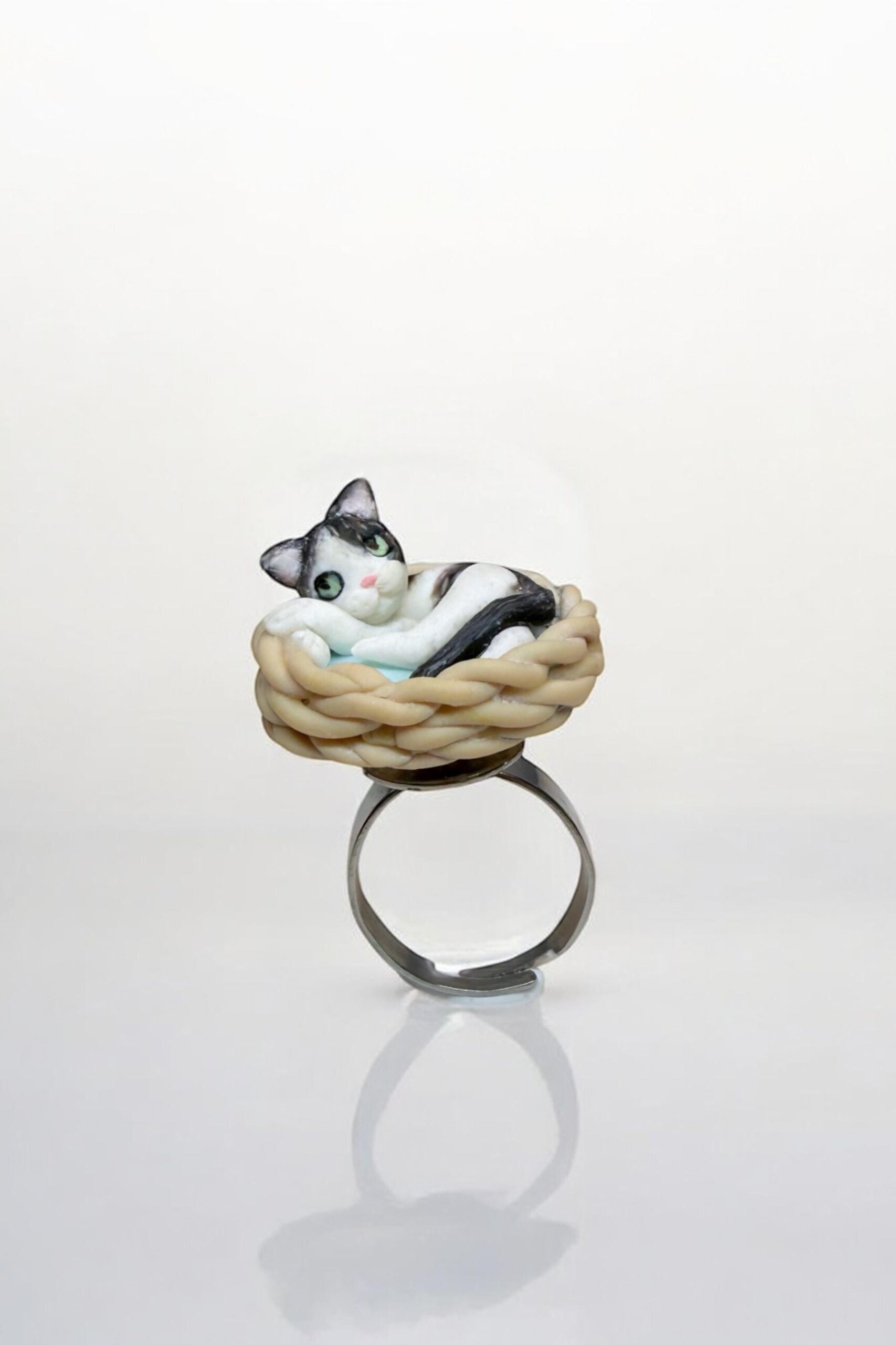 Custom Cat Ring: Handmade Polymer Clay Sleeping Cat in Basket - Image 7