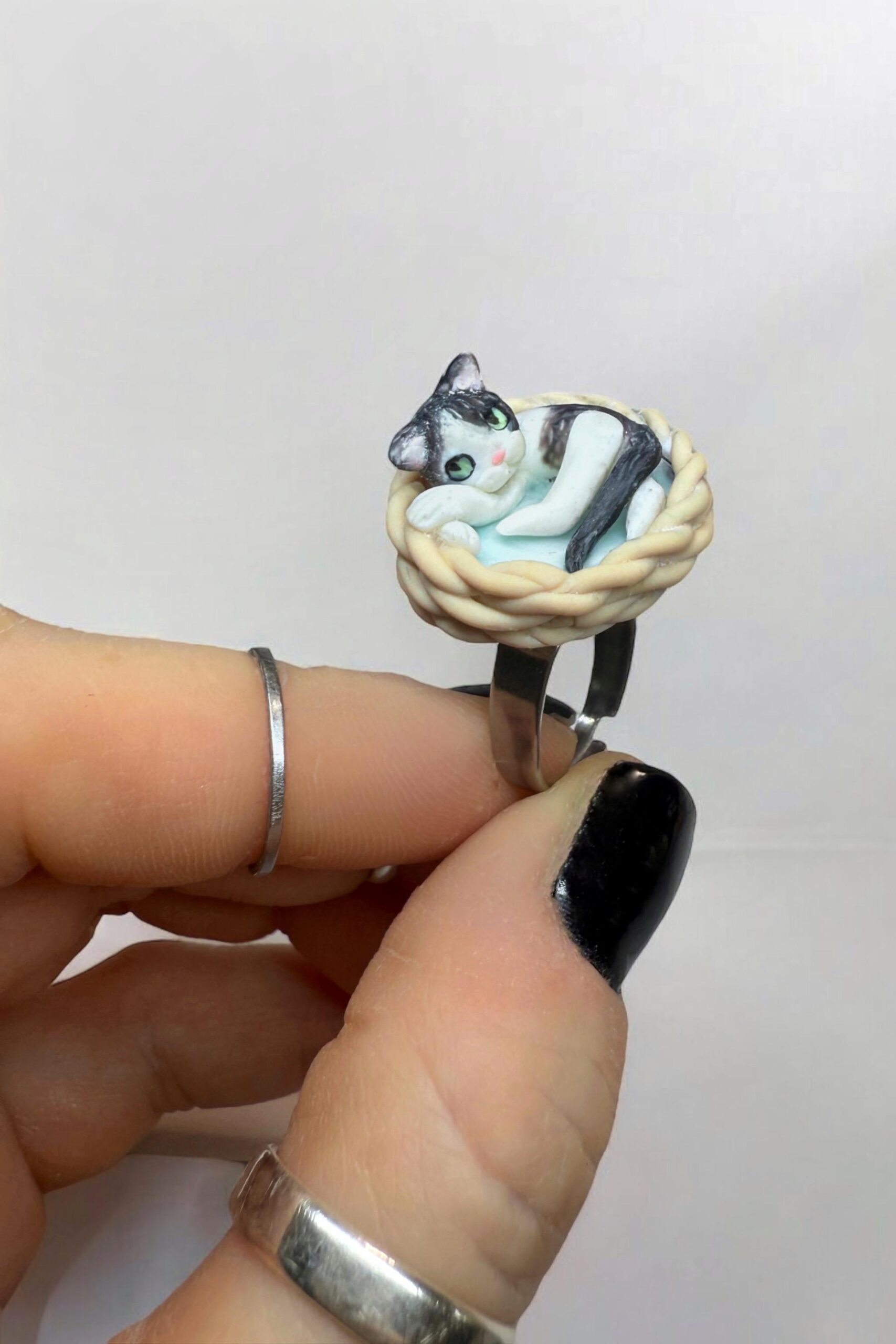 Custom Cat Ring: Handmade Polymer Clay Sleeping Cat in Basket - Image 8