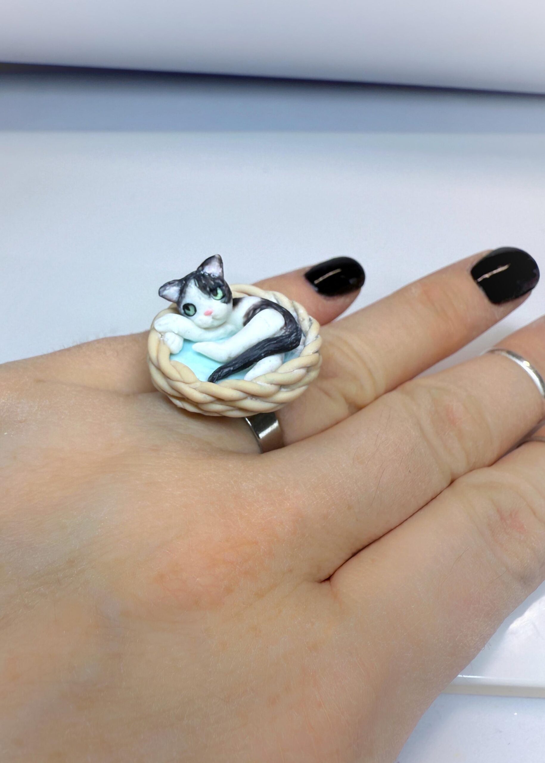 Custom Cat Ring: Handmade Polymer Clay Sleeping Cat in Basket - Image 5