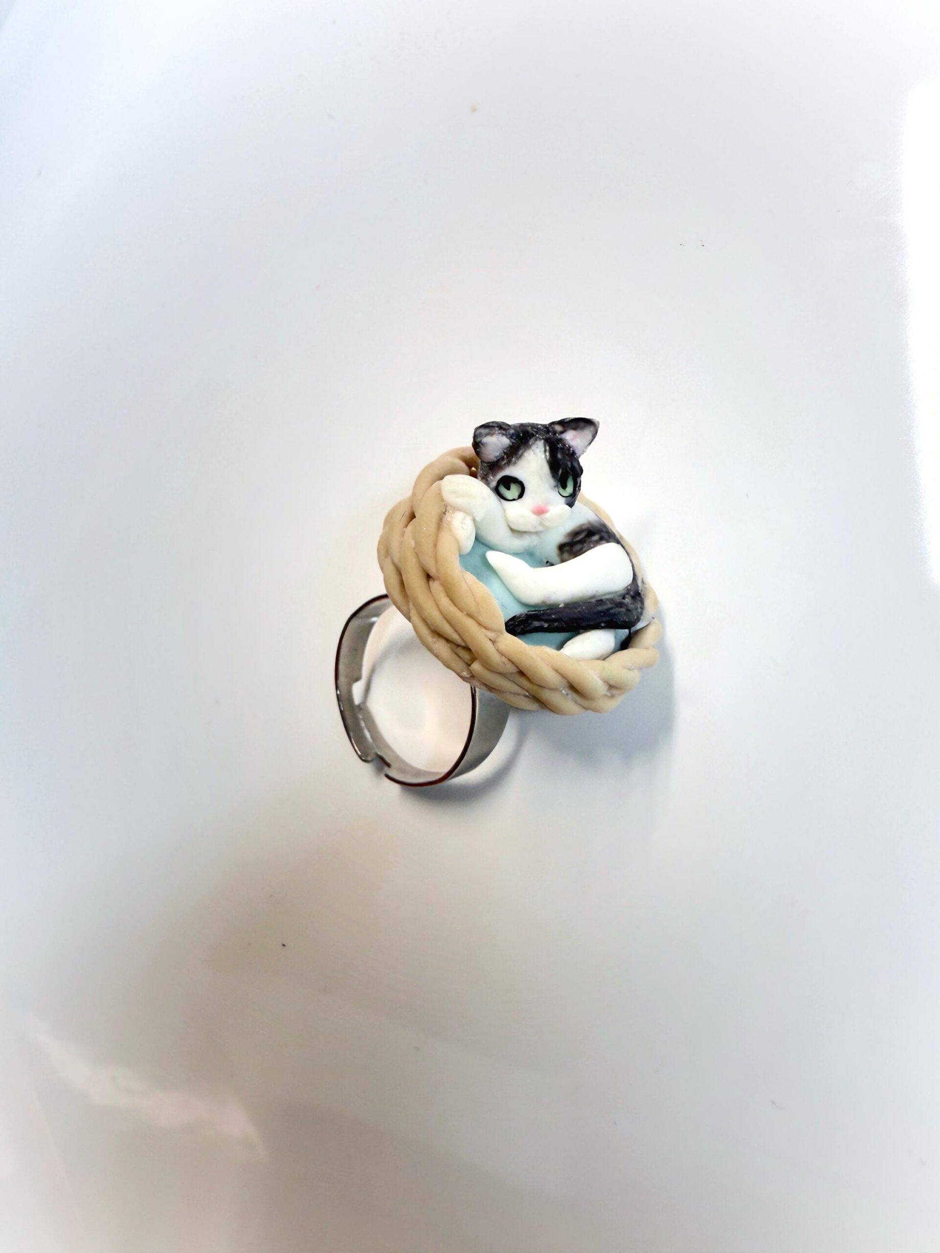 Custom Cat Ring: Handmade Polymer Clay Sleeping Cat in Basket - Image 6
