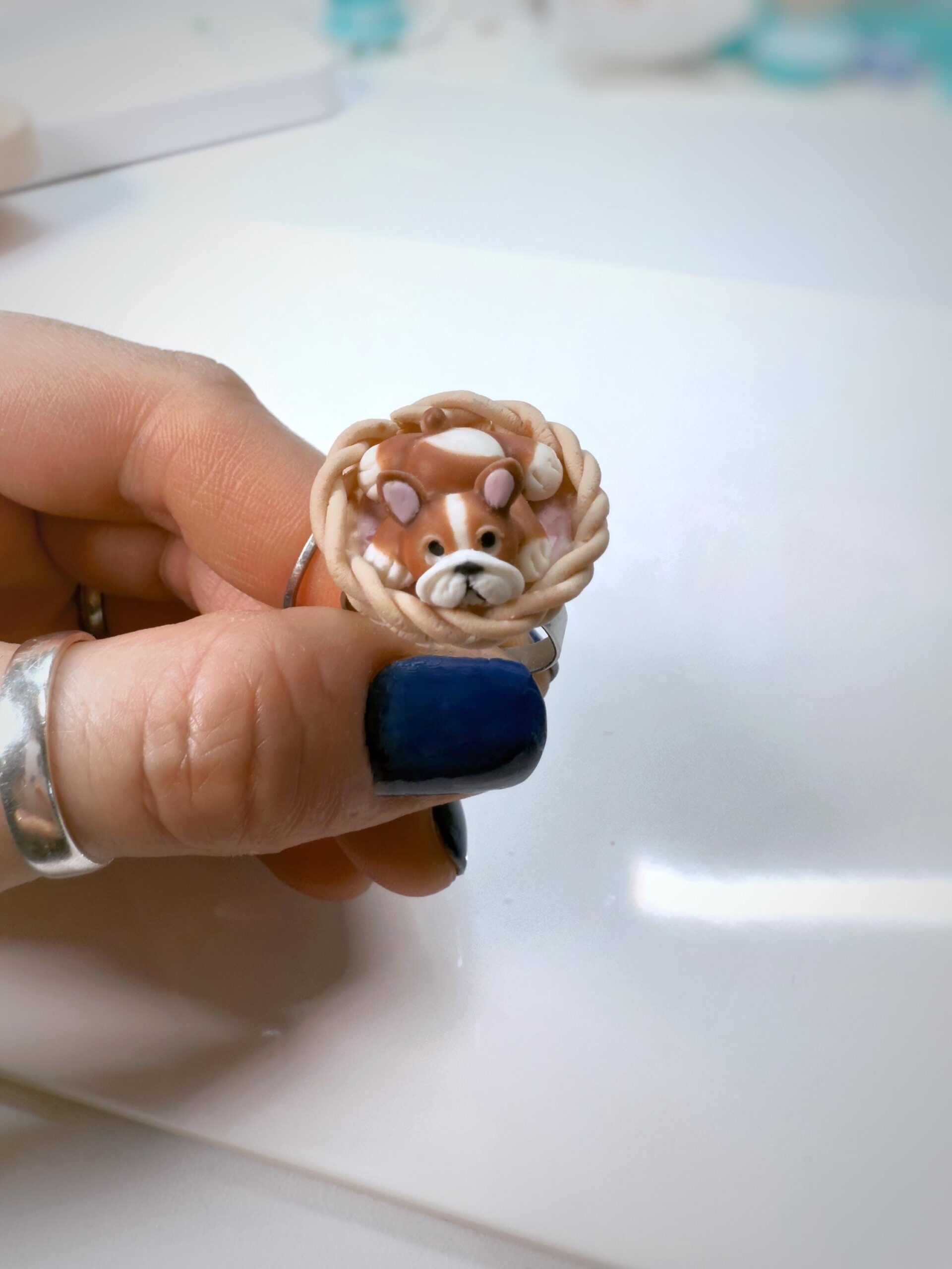 Polymer Clay Bulldog Ring: Handmade Dog Jewelry, Adjustable Stainless Steel Band - Image 5