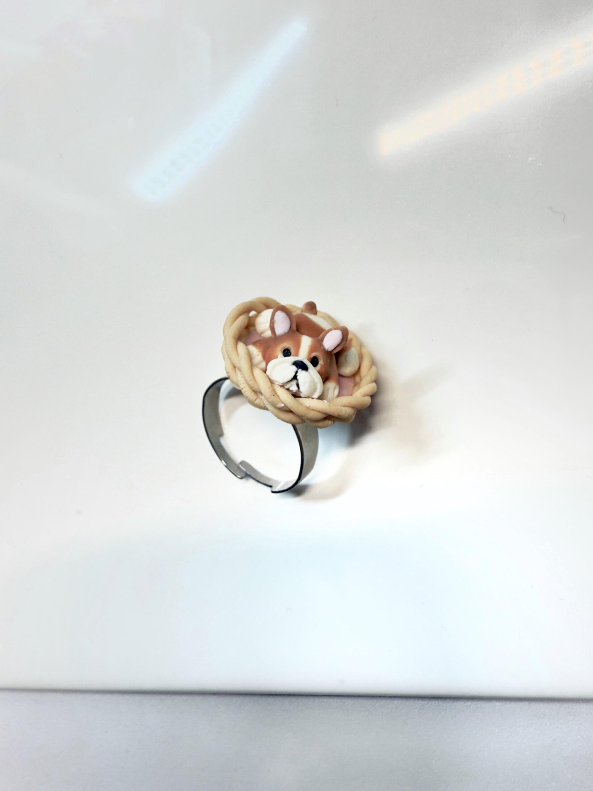 Polymer Clay Bulldog Ring: Handmade Dog Jewelry, Adjustable Stainless Steel Band - Image 7