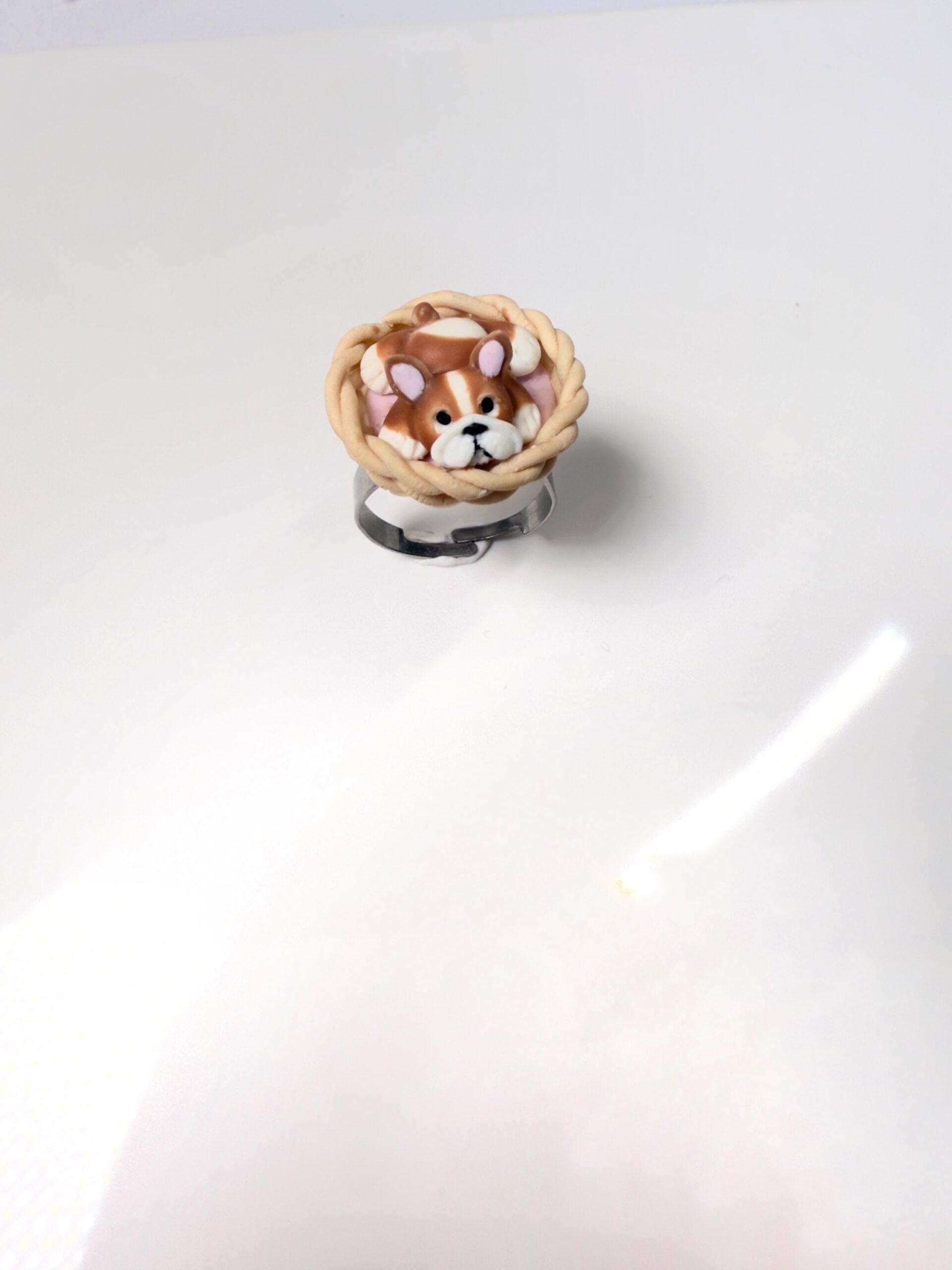 Polymer Clay Bulldog Ring: Handmade Dog Jewelry, Adjustable Stainless Steel Band - Image 4