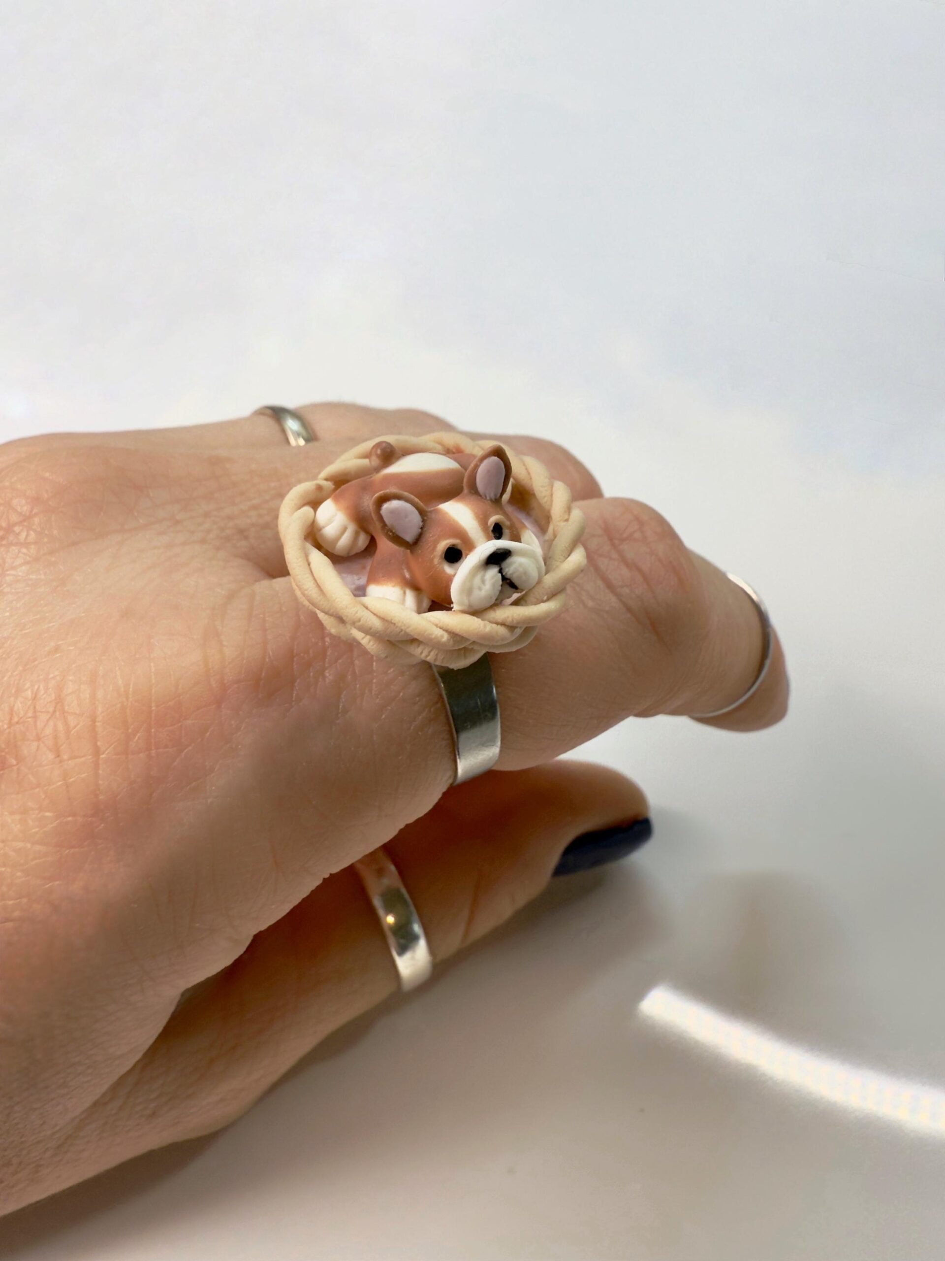 Polymer Clay Bulldog Ring: Handmade Dog Jewelry, Adjustable Stainless Steel Band - Image 10