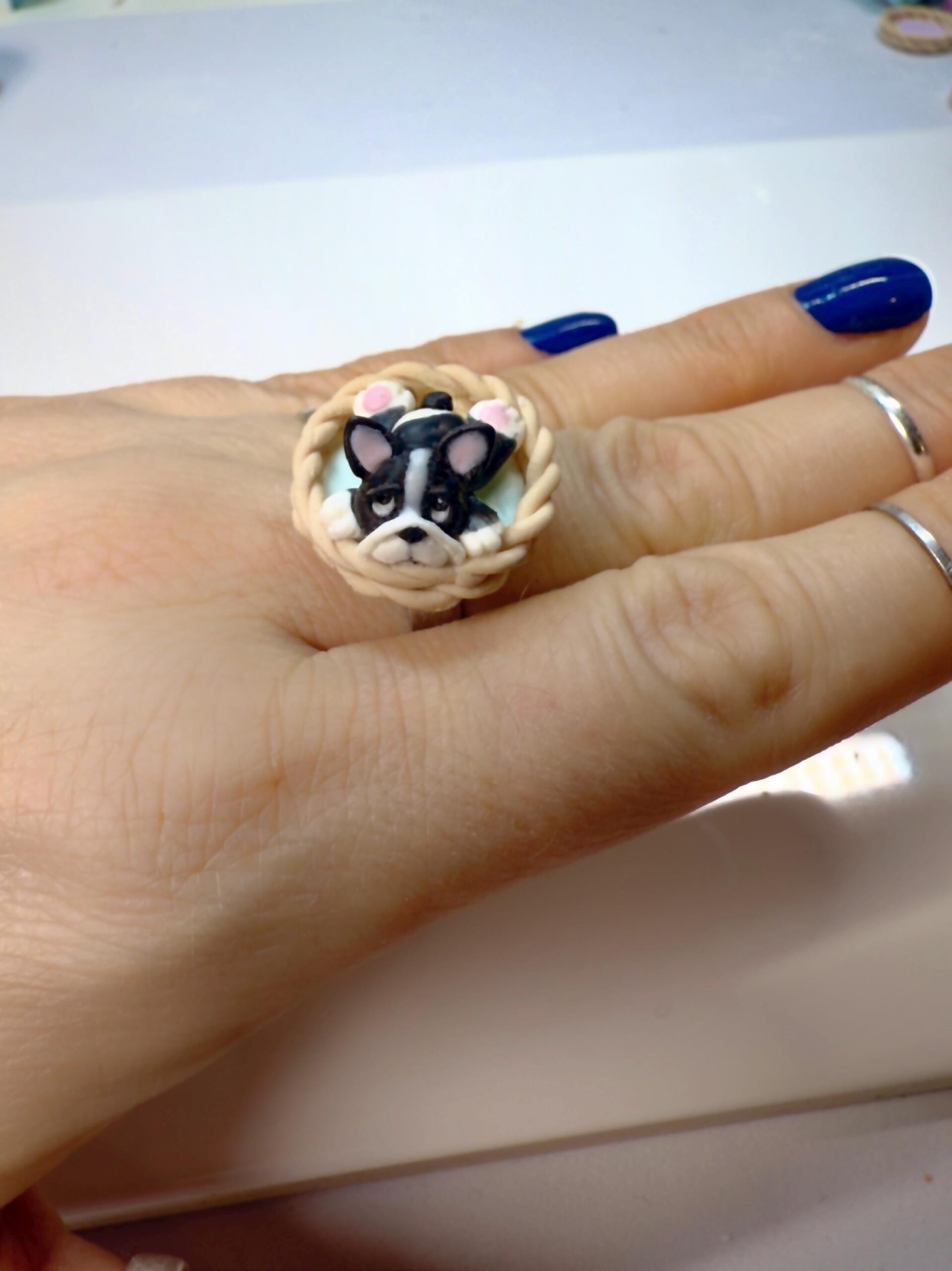 Polymer Clay Bulldog Ring: Dog Jewelry, Adjustable Stainless Steel Gift for Pet Lovers - Image 5