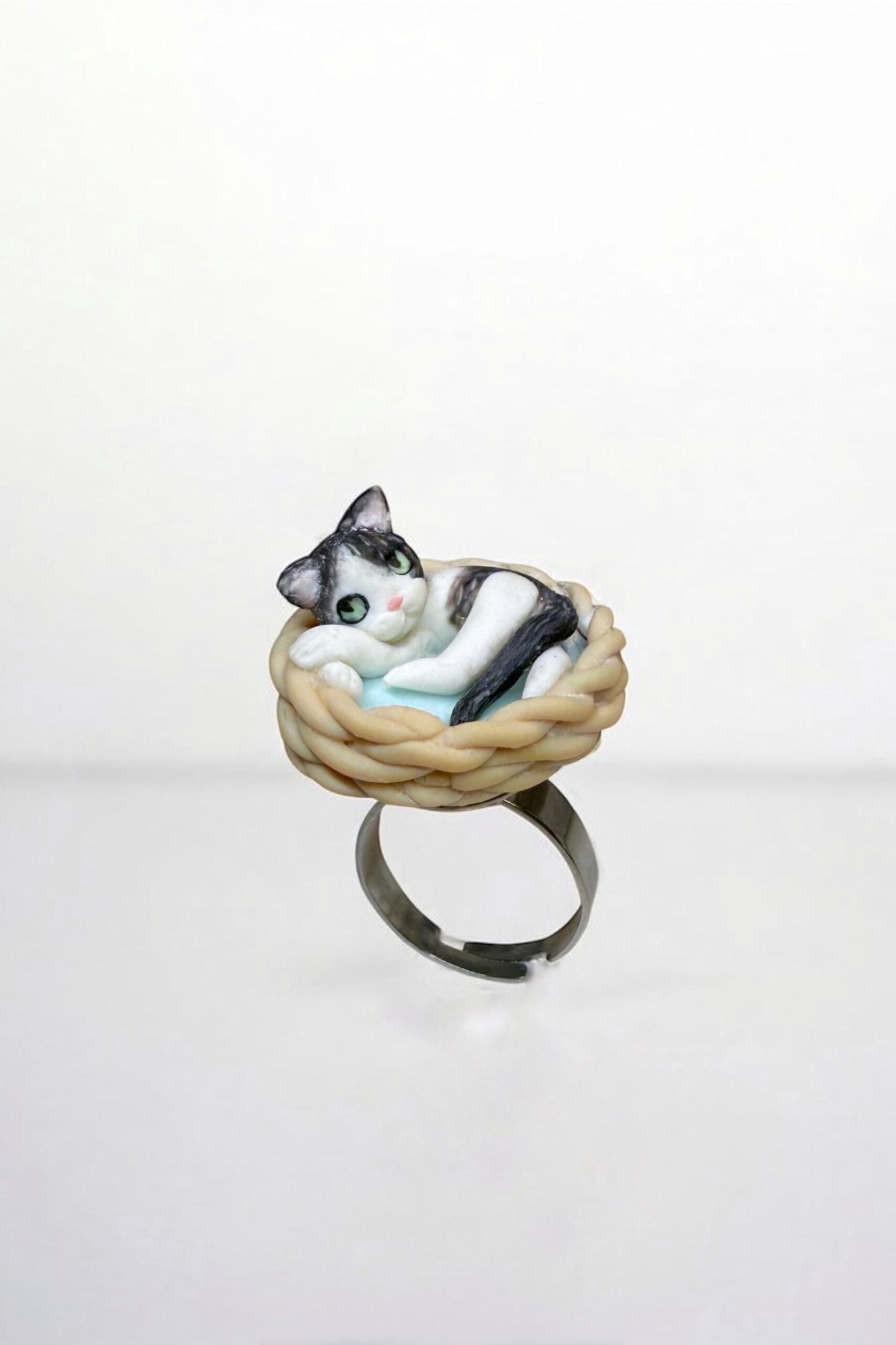 Custom Cat Ring: Handmade Polymer Clay Sleeping Cat in Basket - Image 9
