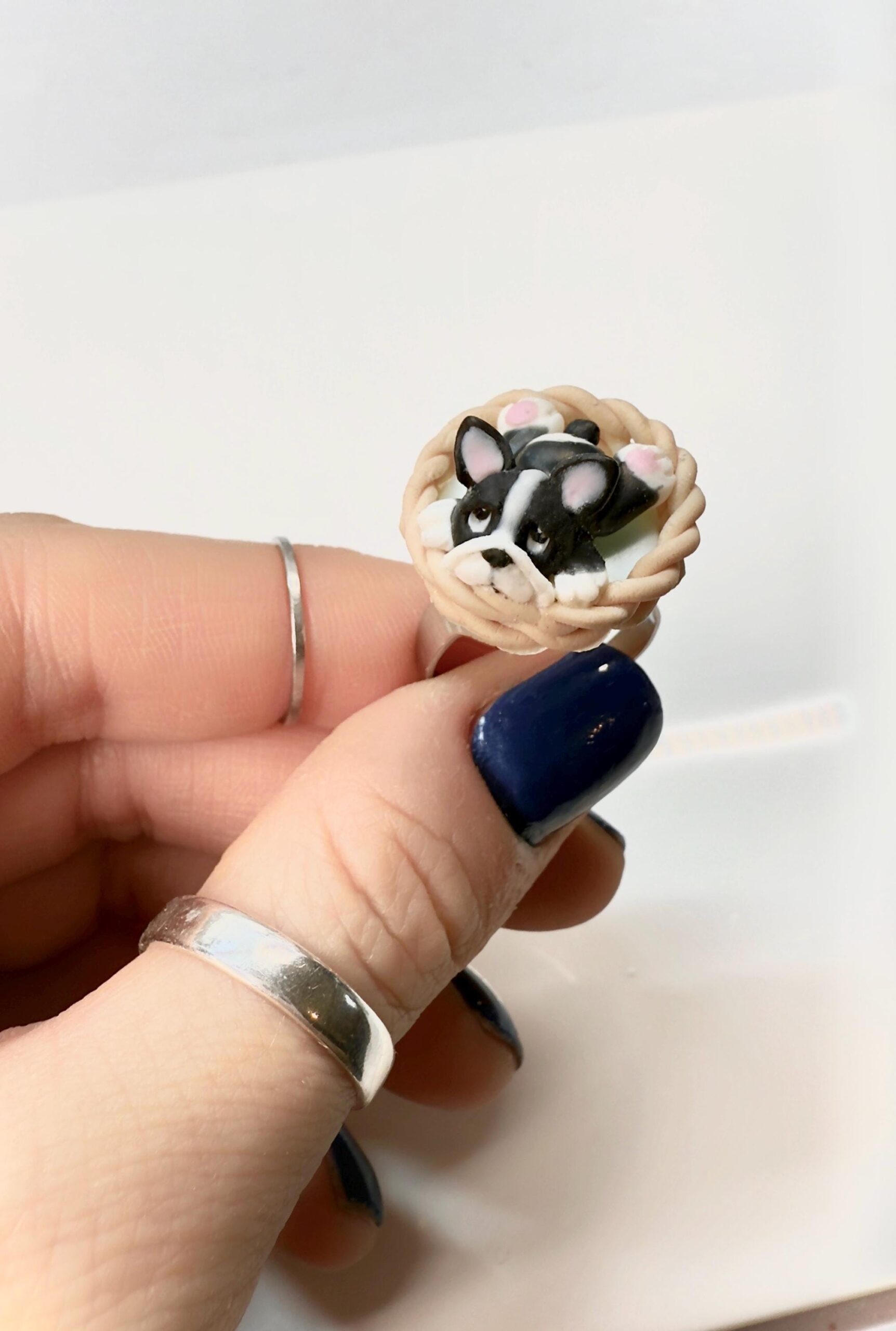 Polymer Clay Bulldog Ring: Dog Jewelry, Adjustable Stainless Steel Gift for Pet Lovers
