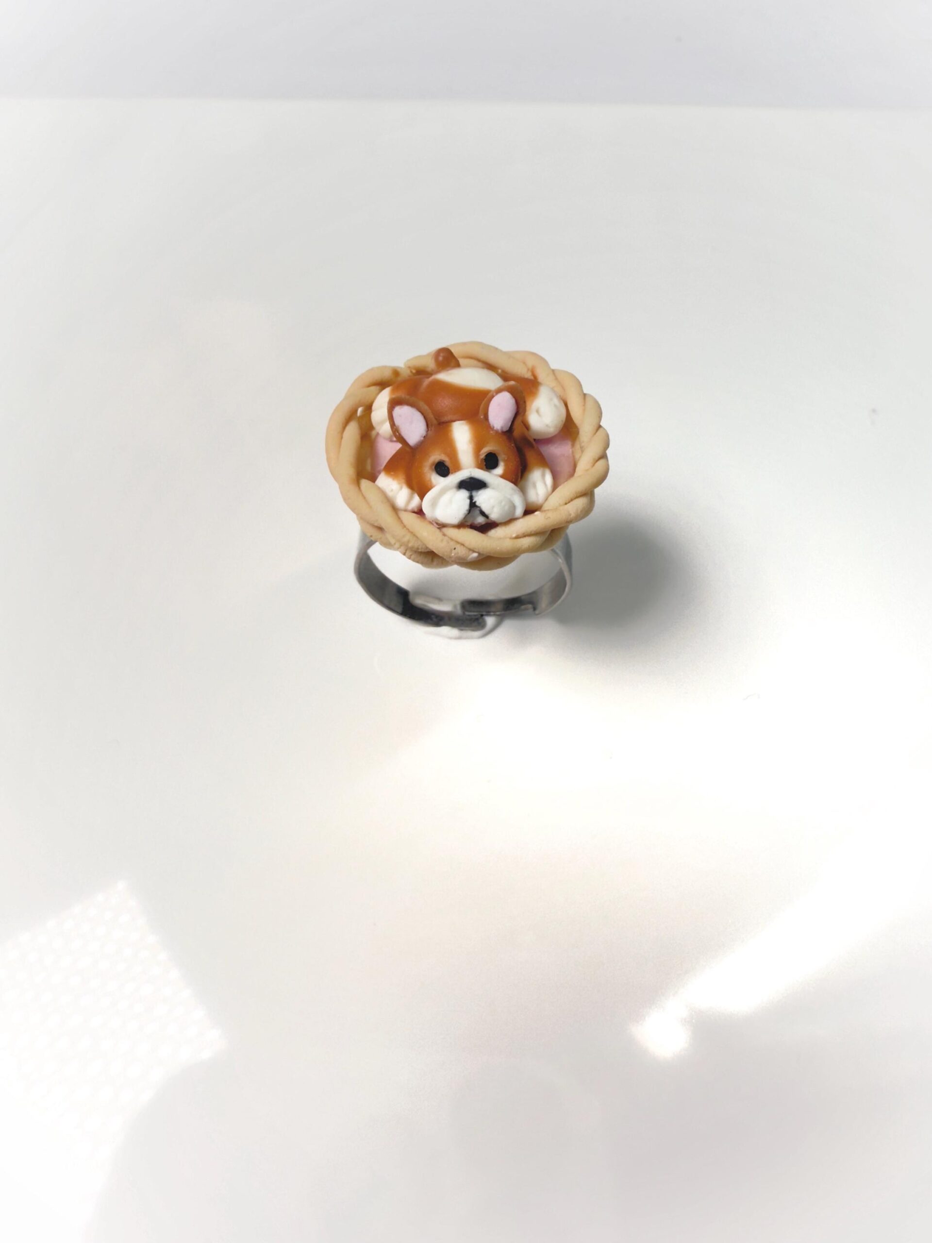 Polymer Clay Bulldog Ring: Handmade Dog Jewelry, Adjustable Stainless Steel Band