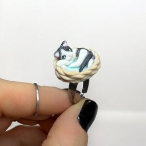 Custom Cat Ring: Handmade Polymer Clay Sleeping Cat in Basket
