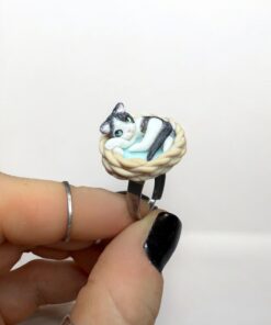 Custom Cat Ring: Handmade Polymer Clay Sleeping Cat in Basket