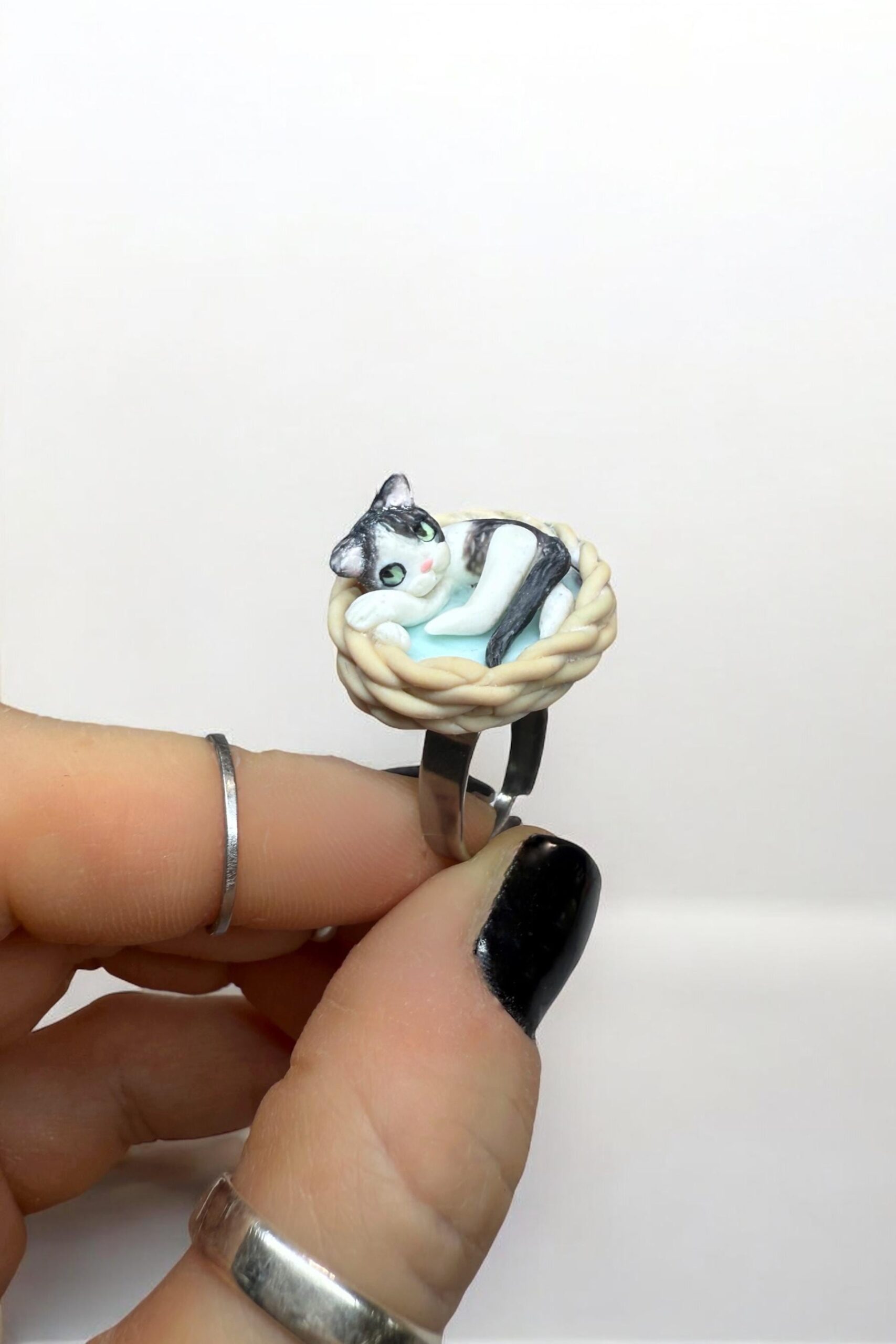 Custom Cat Ring: Handmade Polymer Clay Sleeping Cat in Basket