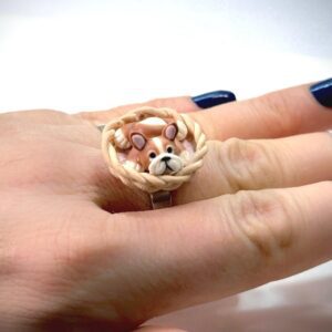 Alternative view of Polymer Clay Bulldog Ring: Handmade Dog Jewelry, Adjustable Stainless Steel Band