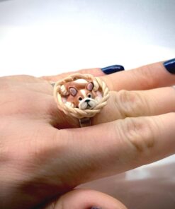 Alternative view of Polymer Clay Bulldog Ring: Handmade Dog Jewelry, Adjustable Stainless Steel Band