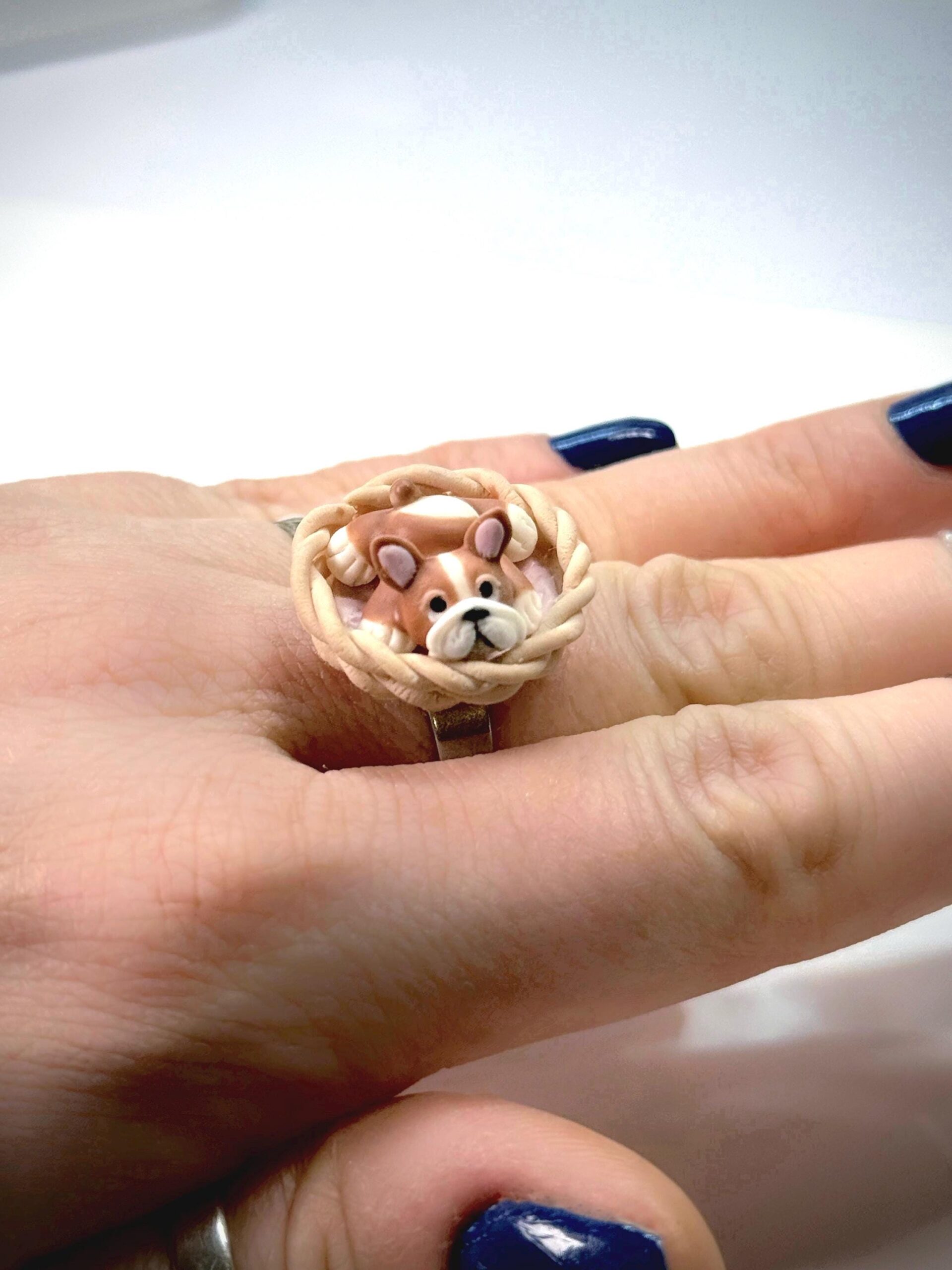 Polymer Clay Bulldog Ring: Handmade Dog Jewelry, Adjustable Stainless Steel Band - Image 3