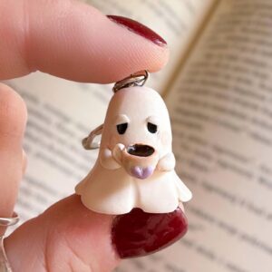 Grumpy Ghost Keychain: Handmade Polymer Clay Coffee Cup Charm