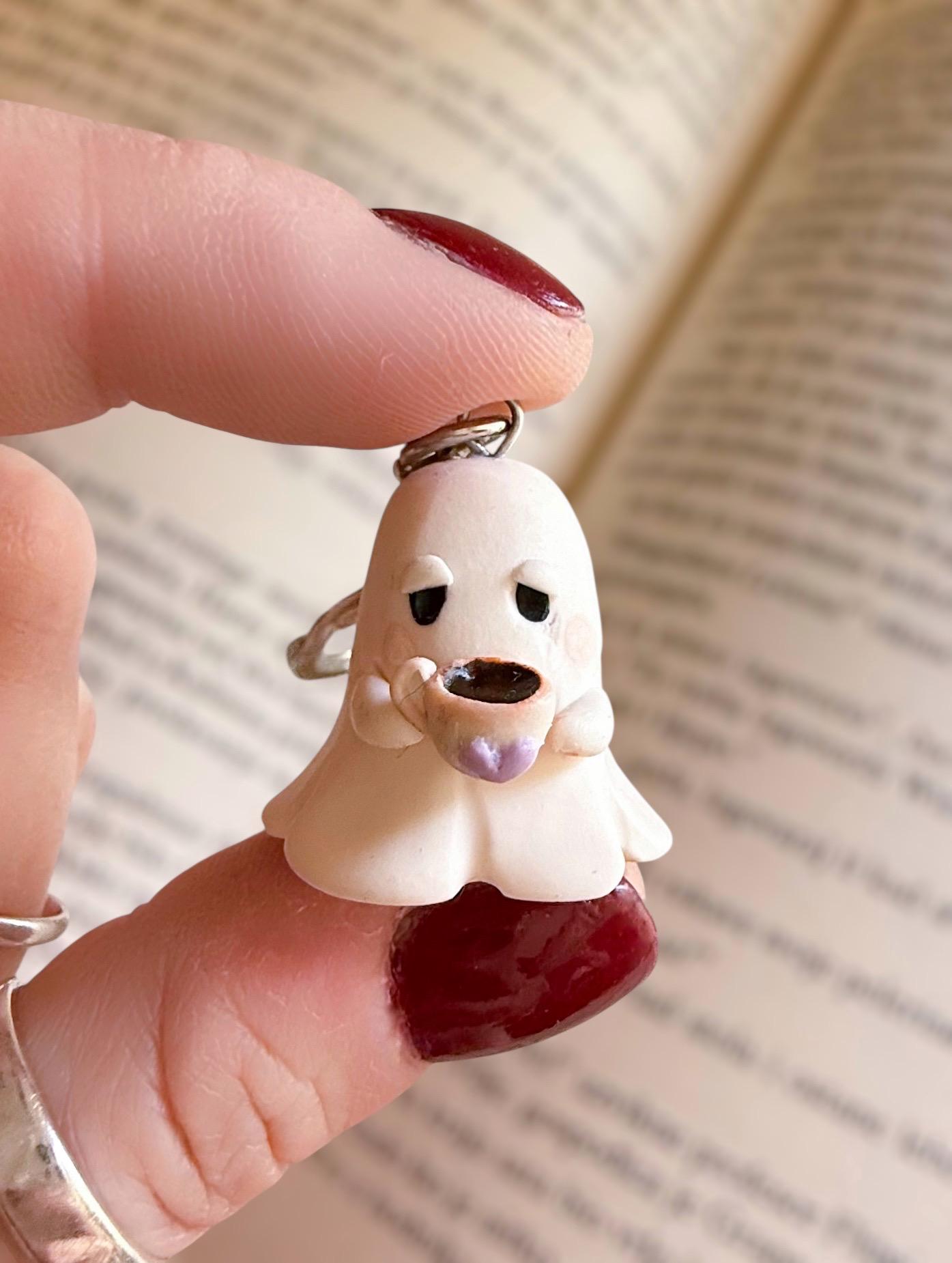 Grumpy Ghost Keychain: Handmade Polymer Clay Coffee Cup Charm