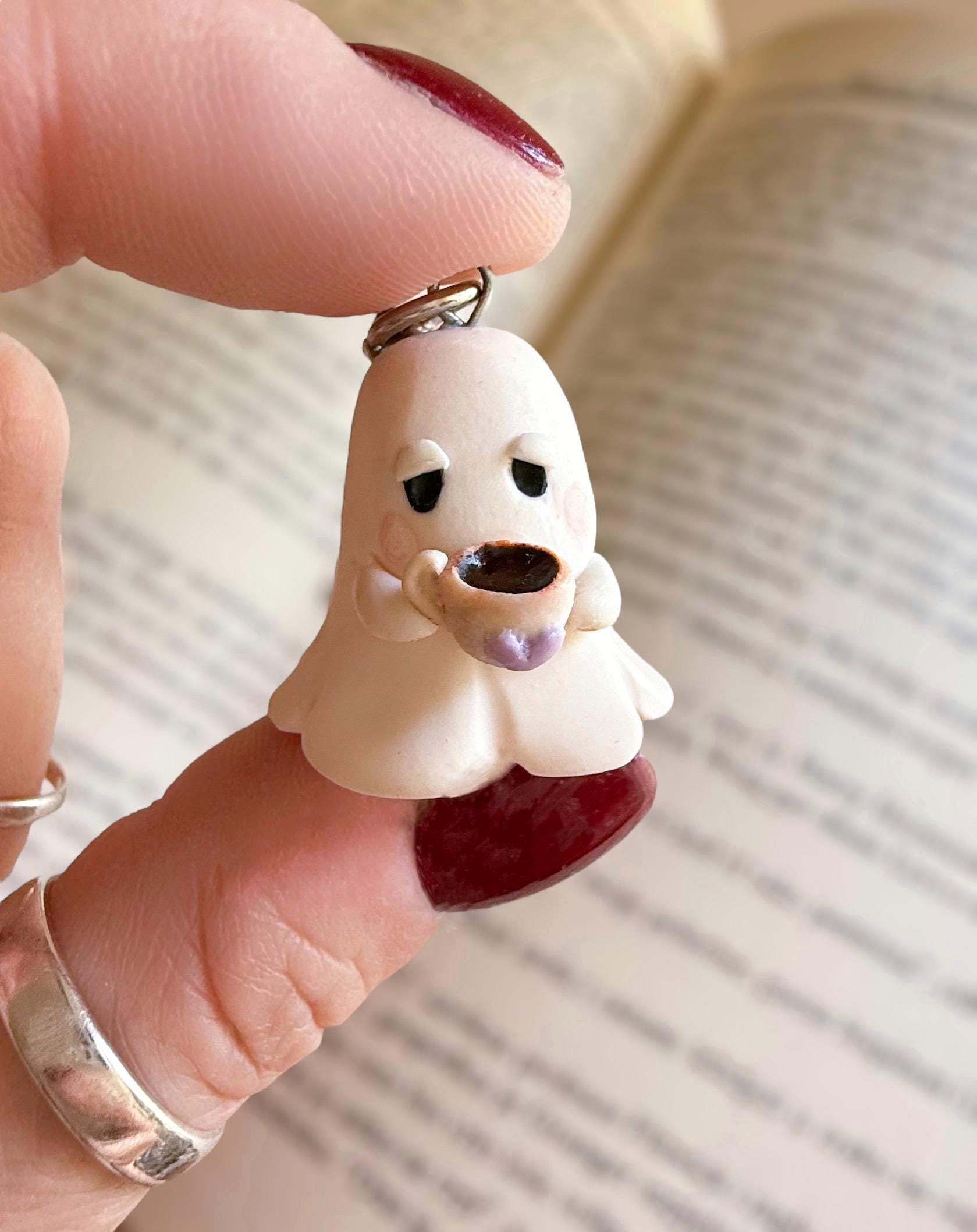 Grumpy Ghost Keychain: Handmade Polymer Clay Coffee Cup Charm - Image 4