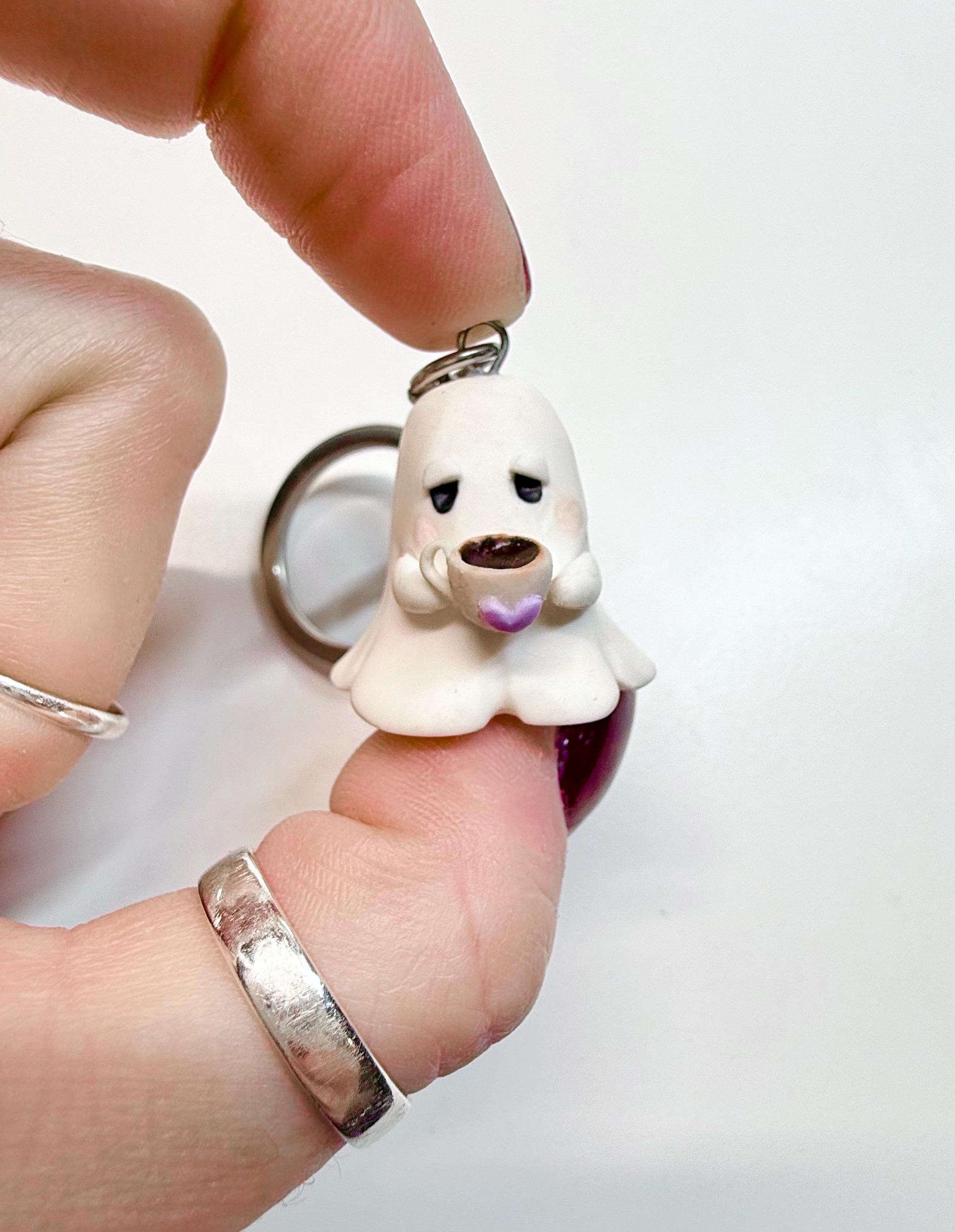 Grumpy Ghost Keychain: Handmade Polymer Clay Coffee Cup Charm - Image 2