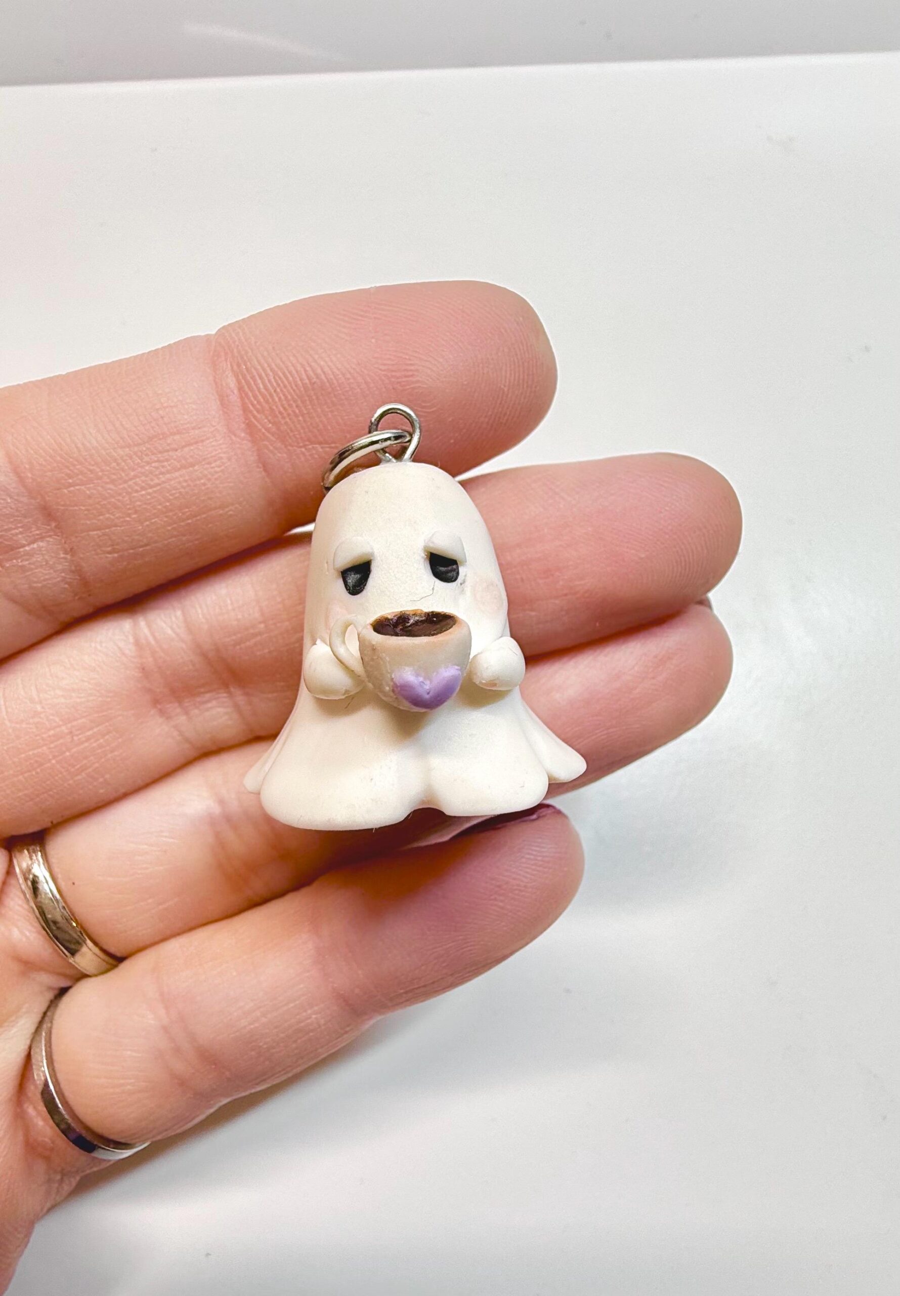 Grumpy Ghost Keychain: Handmade Polymer Clay Coffee Cup Charm - Image 7