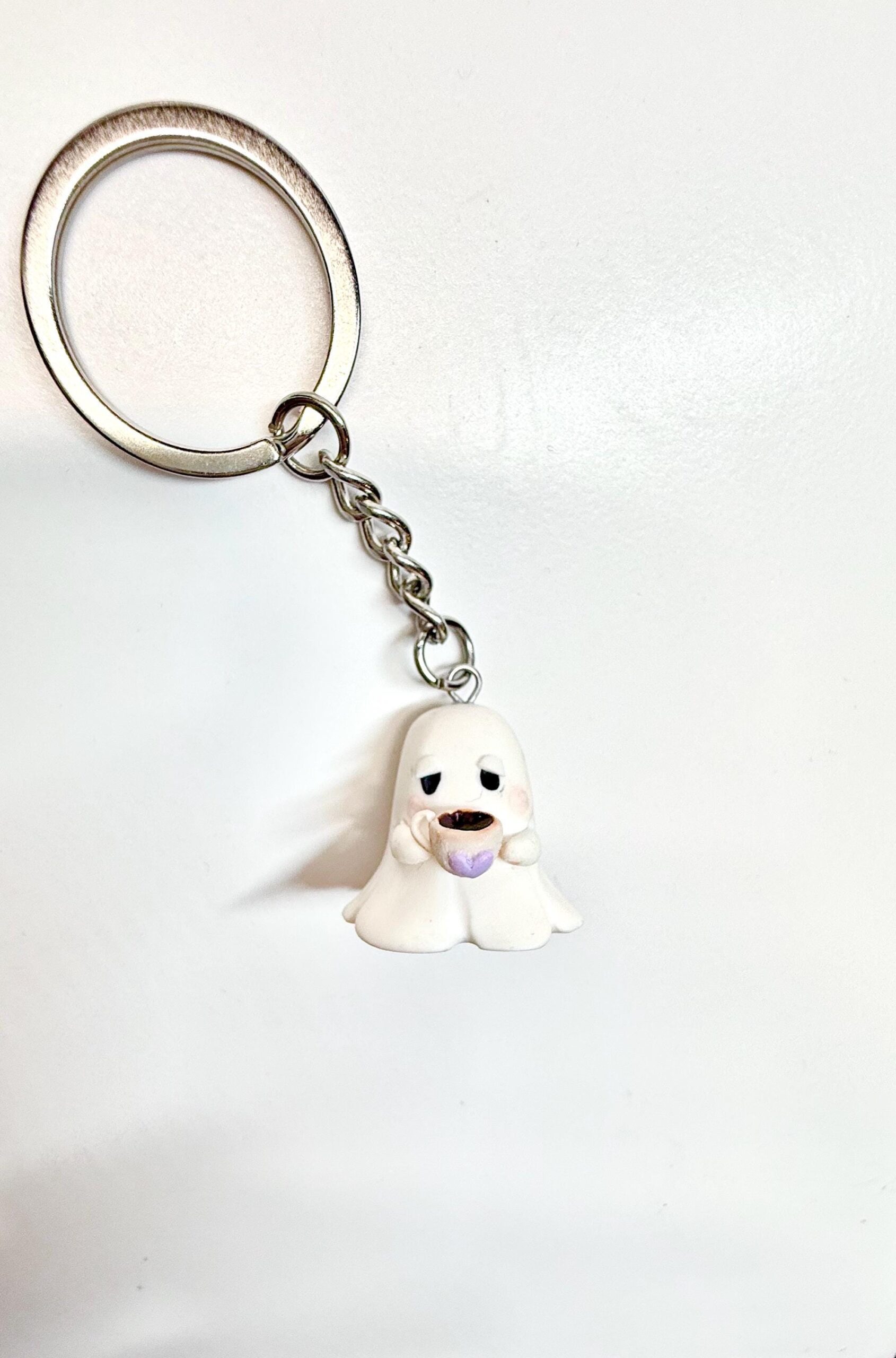 Grumpy Ghost Keychain: Handmade Polymer Clay Coffee Cup Charm - Image 3