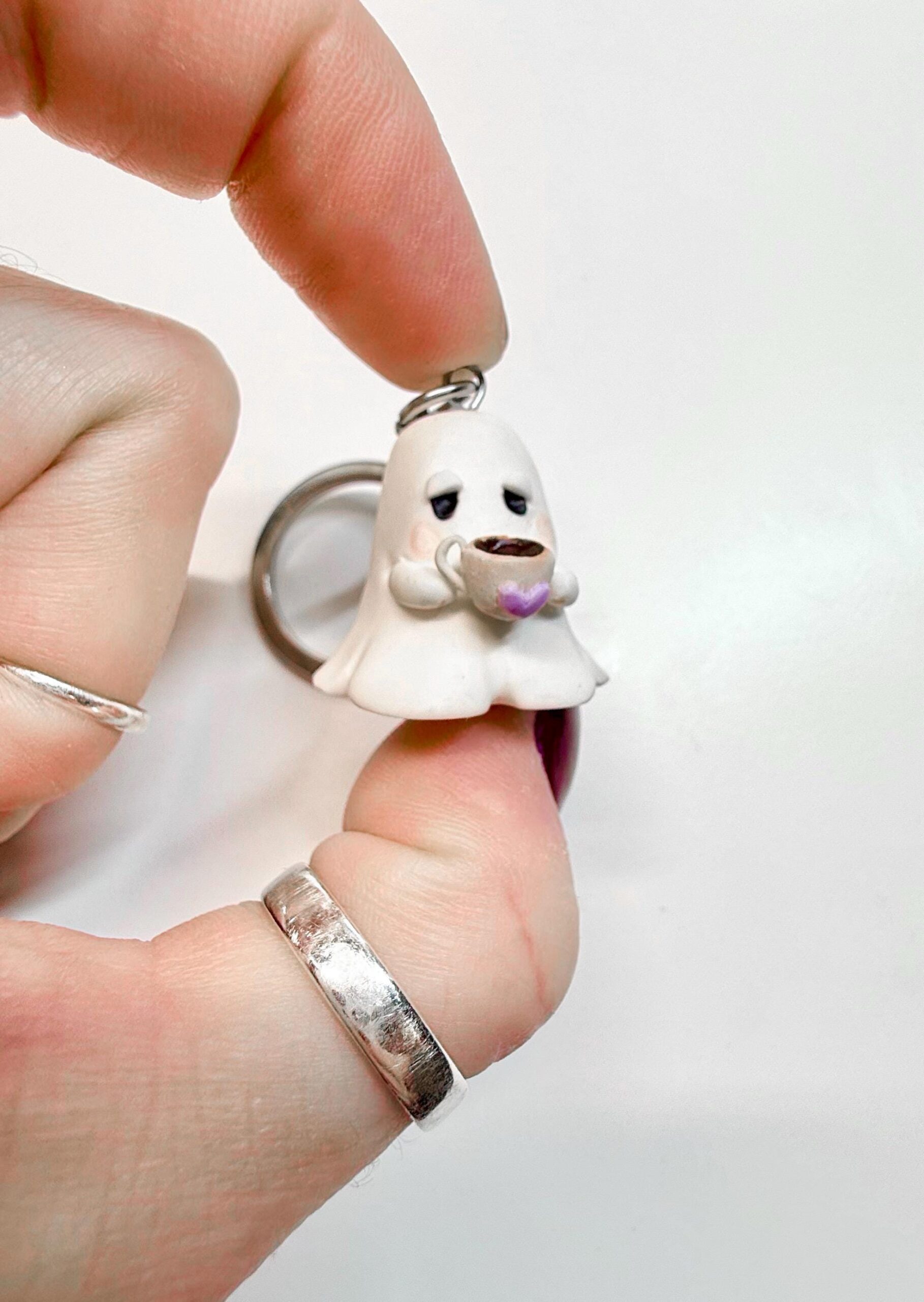 Grumpy Ghost Keychain: Handmade Polymer Clay Coffee Cup Charm - Image 5