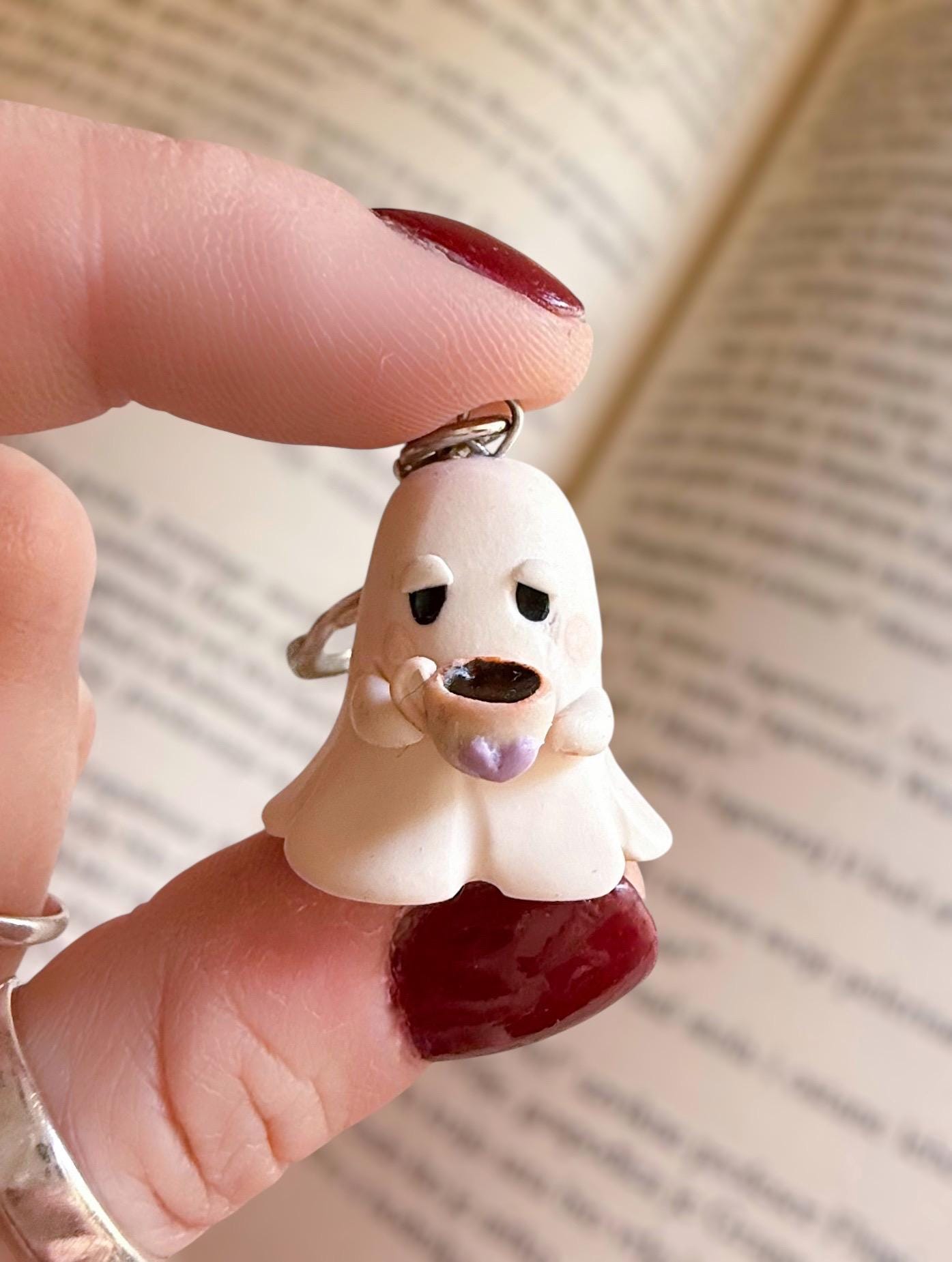 Grumpy Ghost Keychain: Handmade Polymer Clay Coffee Cup Charm - Image 8