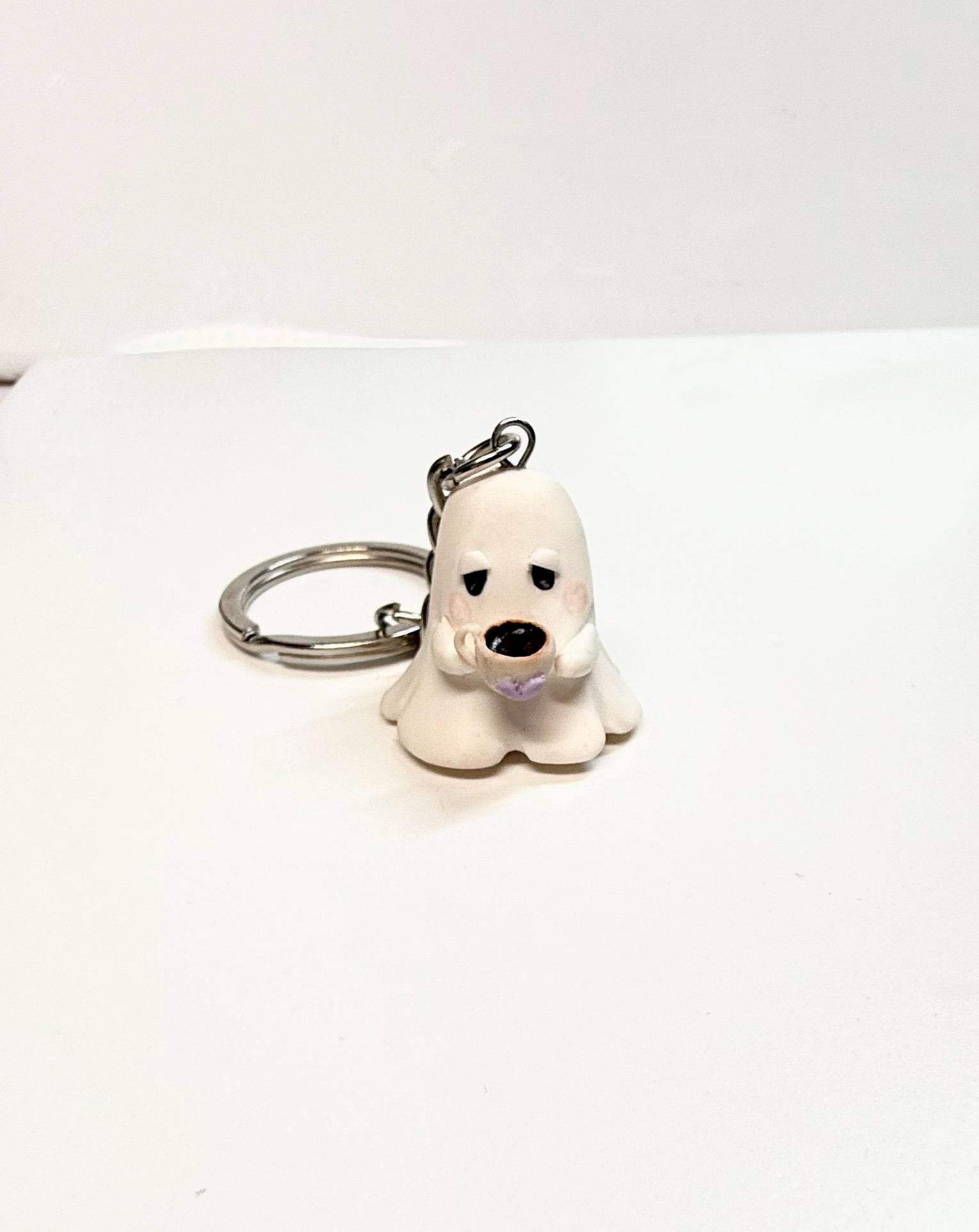 Grumpy Ghost Keychain: Handmade Polymer Clay Coffee Cup Charm - Image 6