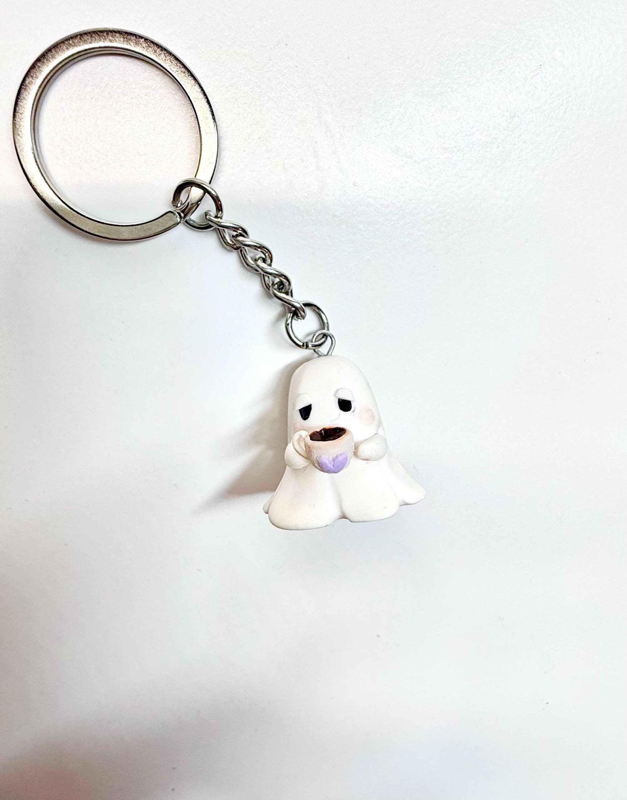 Grumpy Ghost Keychain: Handmade Polymer Clay Coffee Cup Charm - Image 9