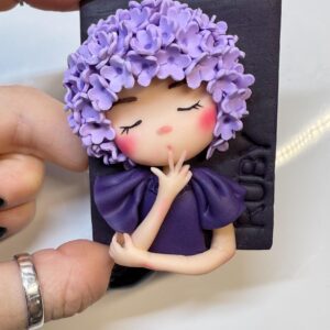 Lilac Flower Girl Portrait Magnet: Handmade Polymer Clay Fridge Art