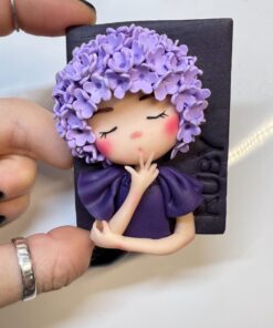 Lilac Flower Girl Portrait Magnet: Handmade Polymer Clay Fridge Art