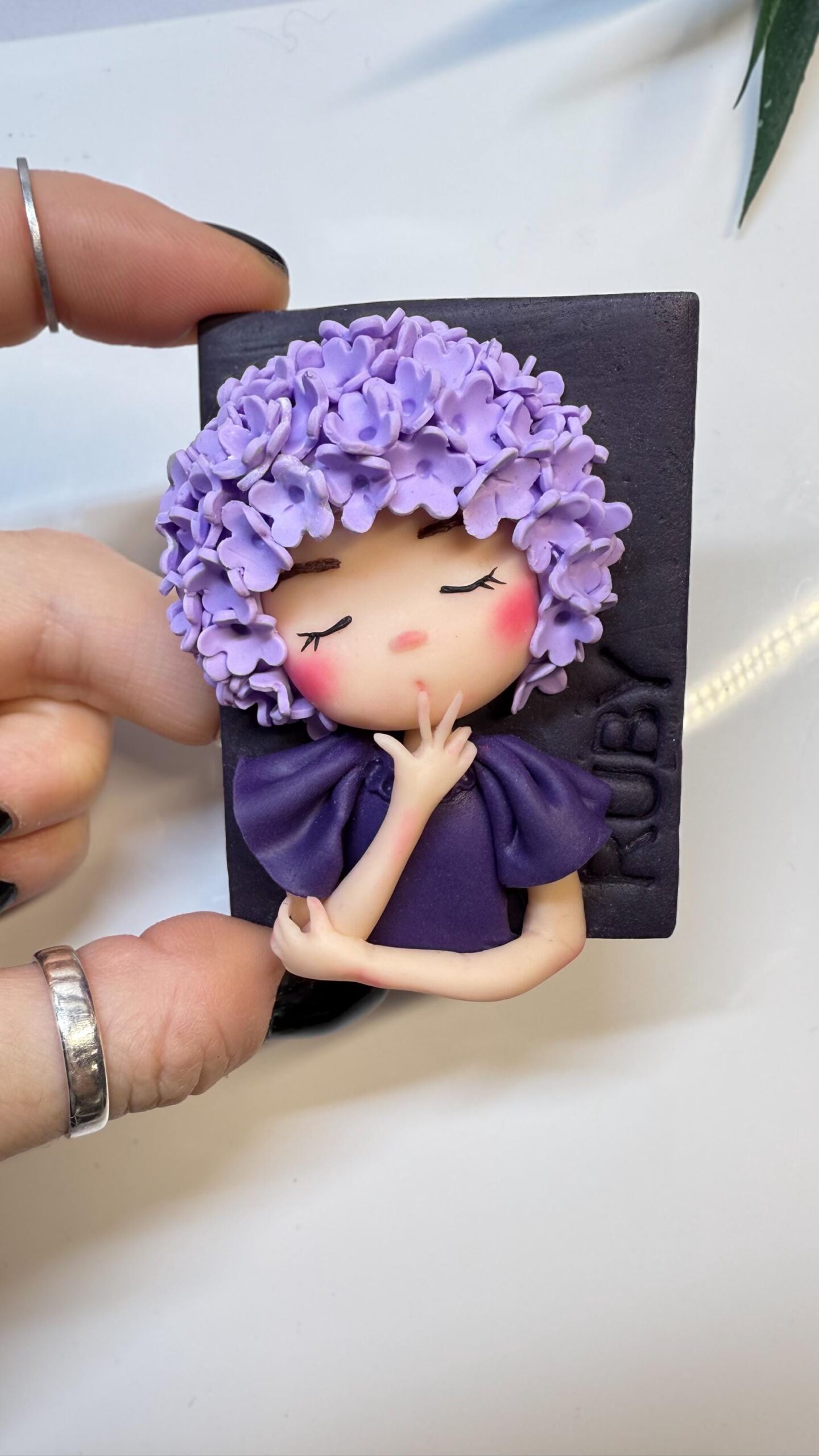 Lilac Flower Girl Portrait Magnet: Handmade Polymer Clay Fridge Art