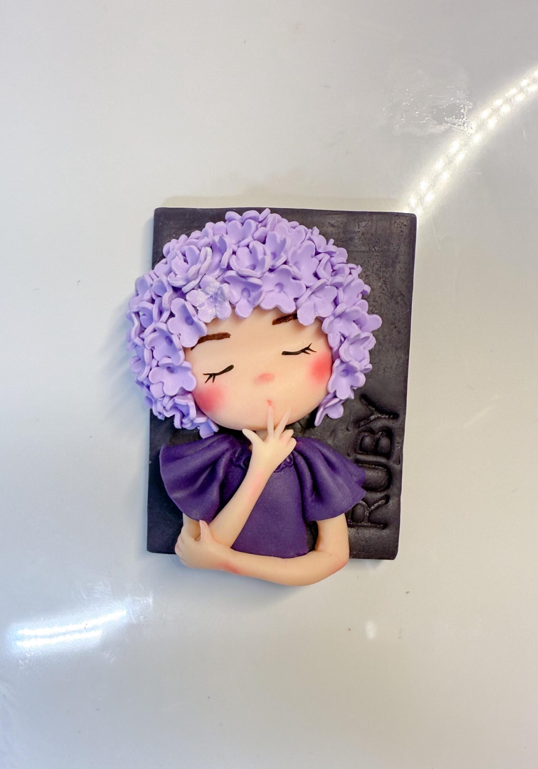 Lilac Flower Girl Portrait Magnet: Handmade Polymer Clay Fridge Art - Image 2