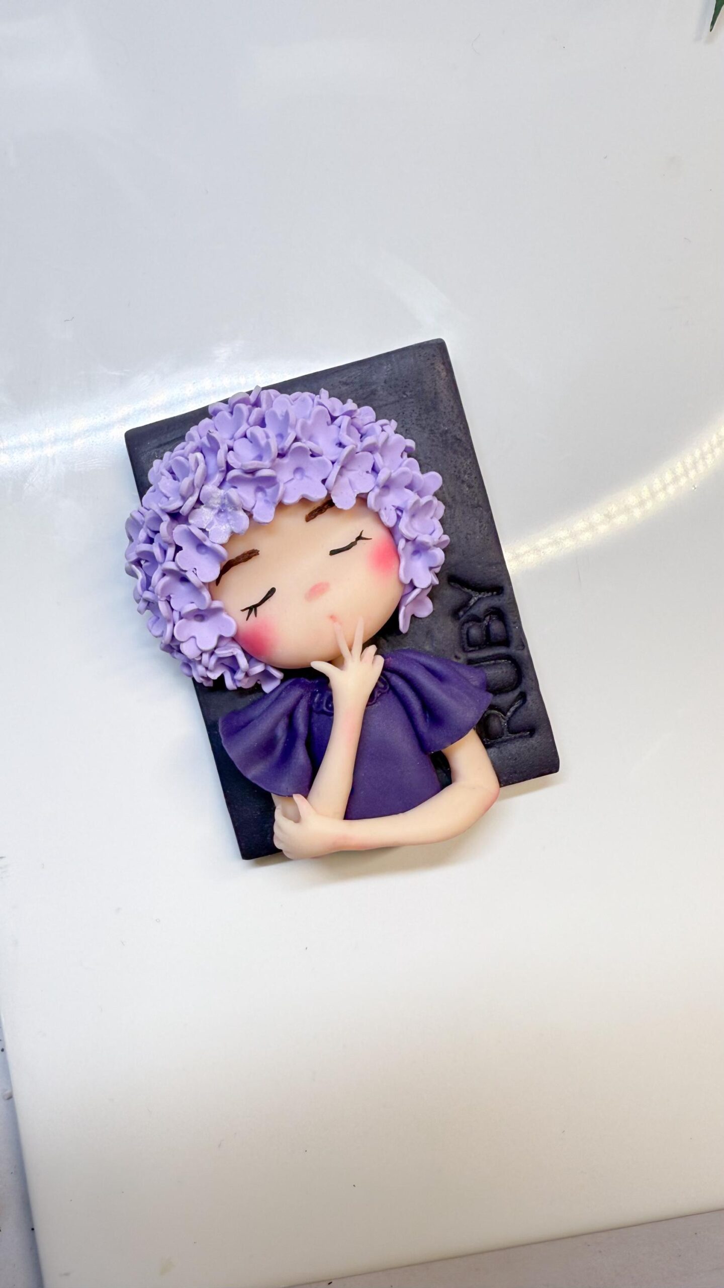 Lilac Flower Girl Portrait Magnet: Handmade Polymer Clay Fridge Art - Image 5