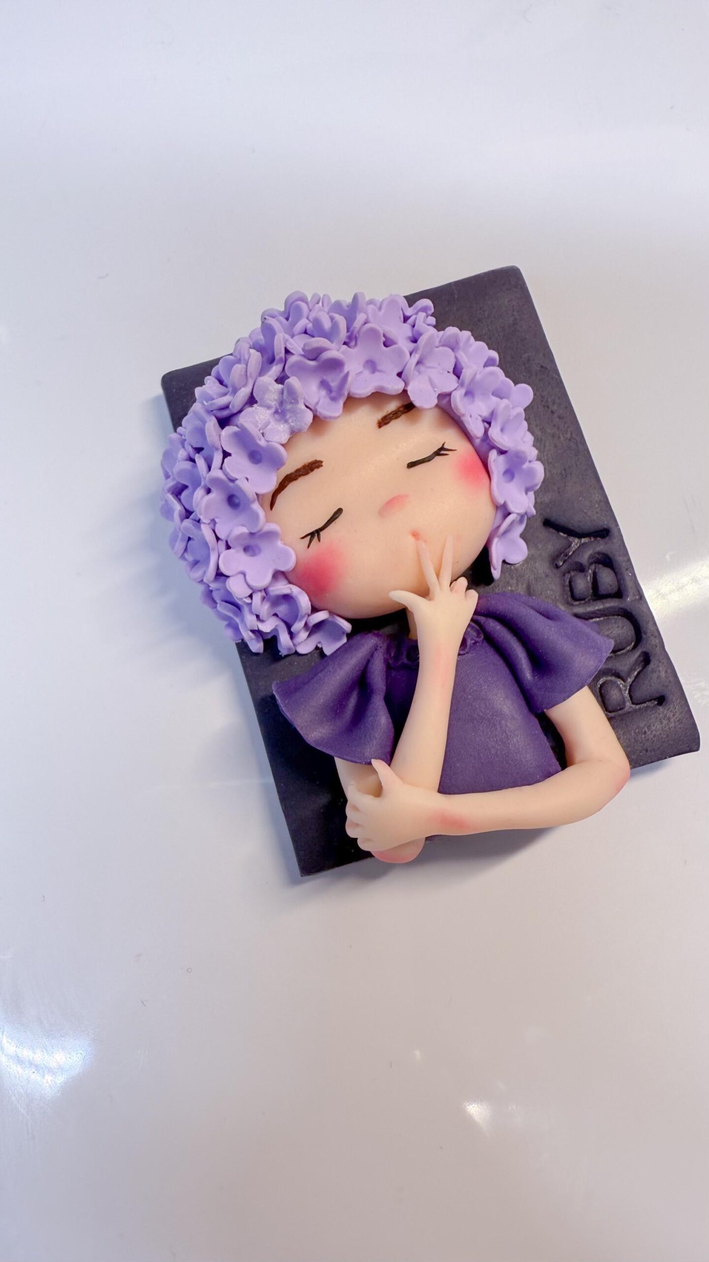 Lilac Flower Girl Portrait Magnet: Handmade Polymer Clay Fridge Art - Image 6