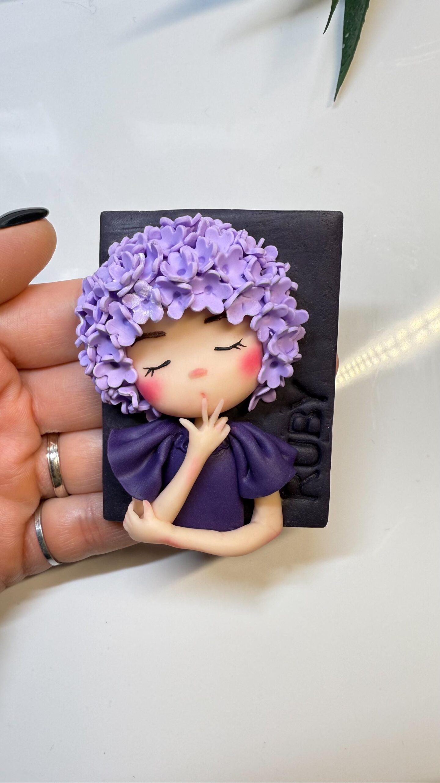 Lilac Flower Girl Portrait Magnet: Handmade Polymer Clay Fridge Art - Image 3