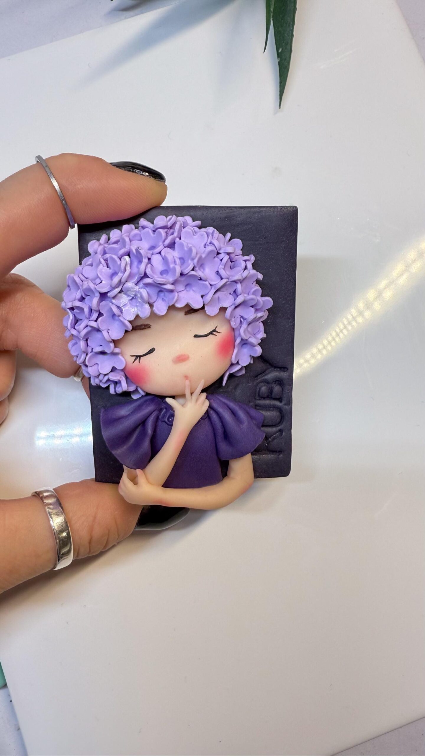 Lilac Flower Girl Portrait Magnet: Handmade Polymer Clay Fridge Art - Image 9