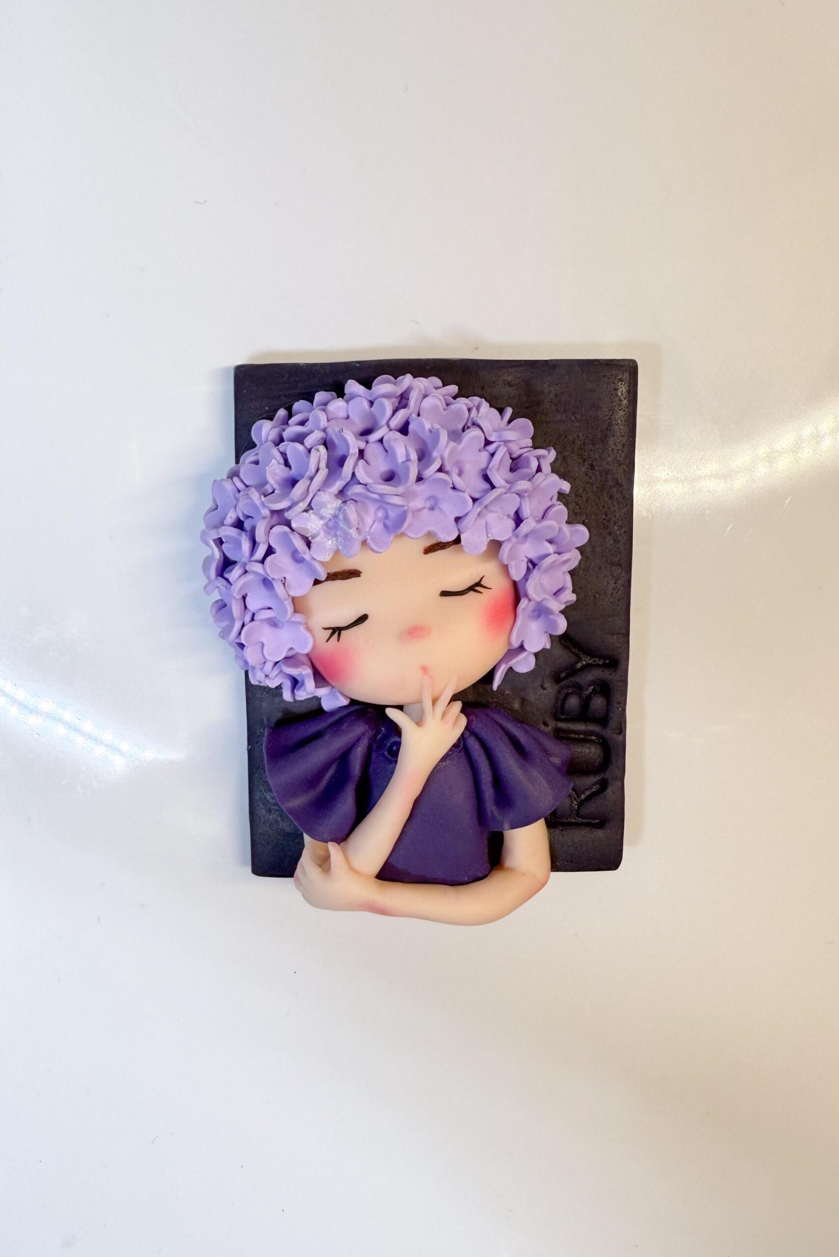 Lilac Flower Girl Portrait Magnet: Handmade Polymer Clay Fridge Art - Image 7