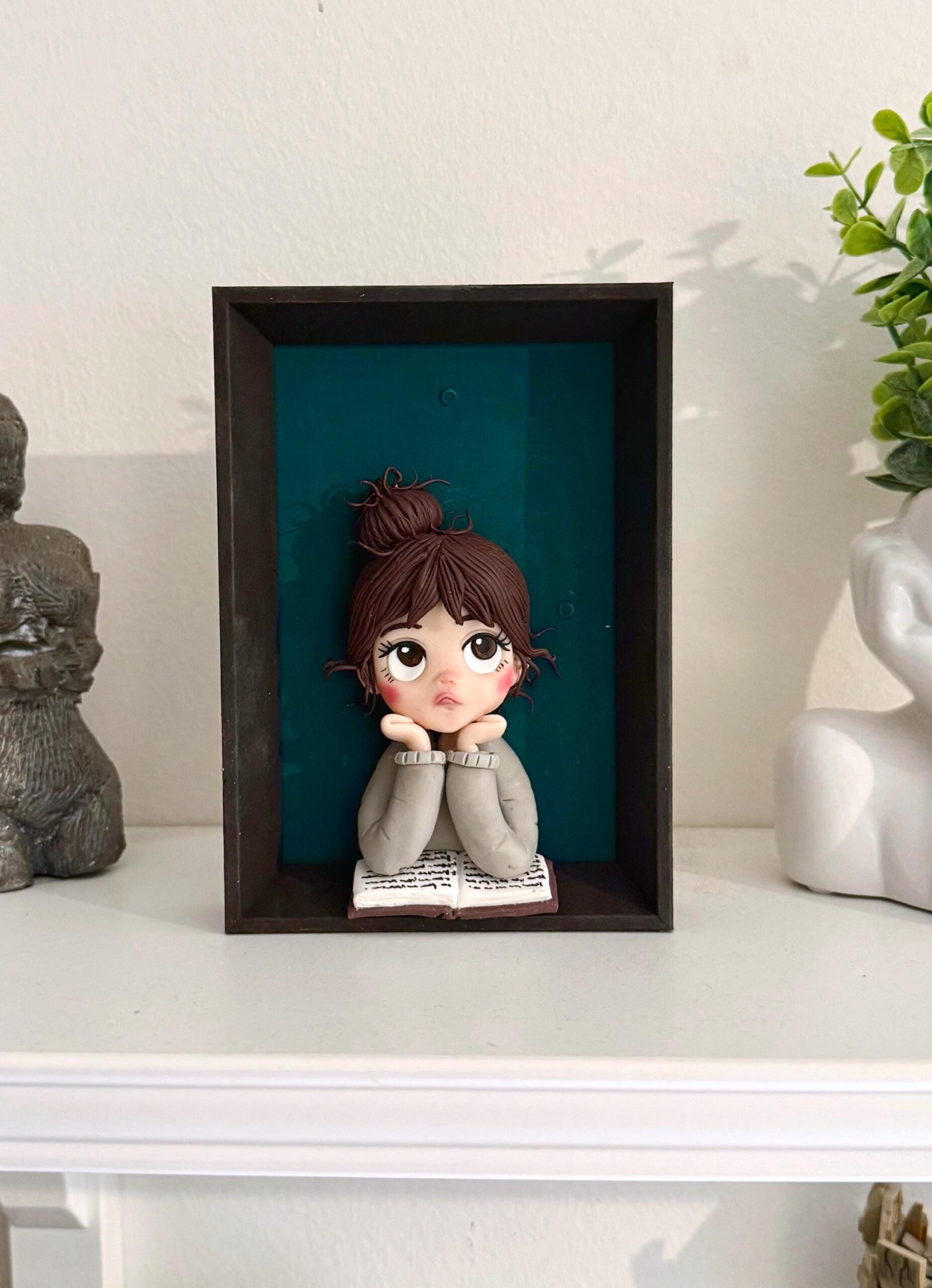 Handmade Clay Doll Portrait: Little Reader in Shadow Box - Image 2